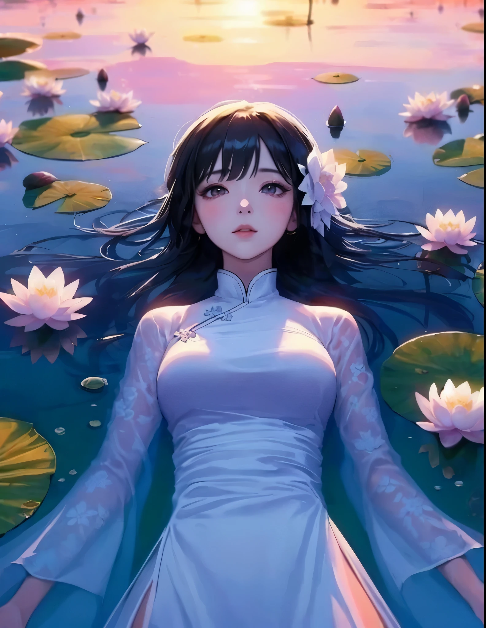 1lady solo, (from above), ((floating on her back) on pond) (in water:0.8), (looking up at sky), white (Ao dai) stylish, mature female, /(black hair/), (melancholic expression:0.6) (light blush:0.7), (masterpiece best quality:1.2) delicate illustration ultra-detailed, medium breasts BREAK (clear pond) outdoors, (water surface) ripples, (lotus leaves and flower), (at dusk), detailed background