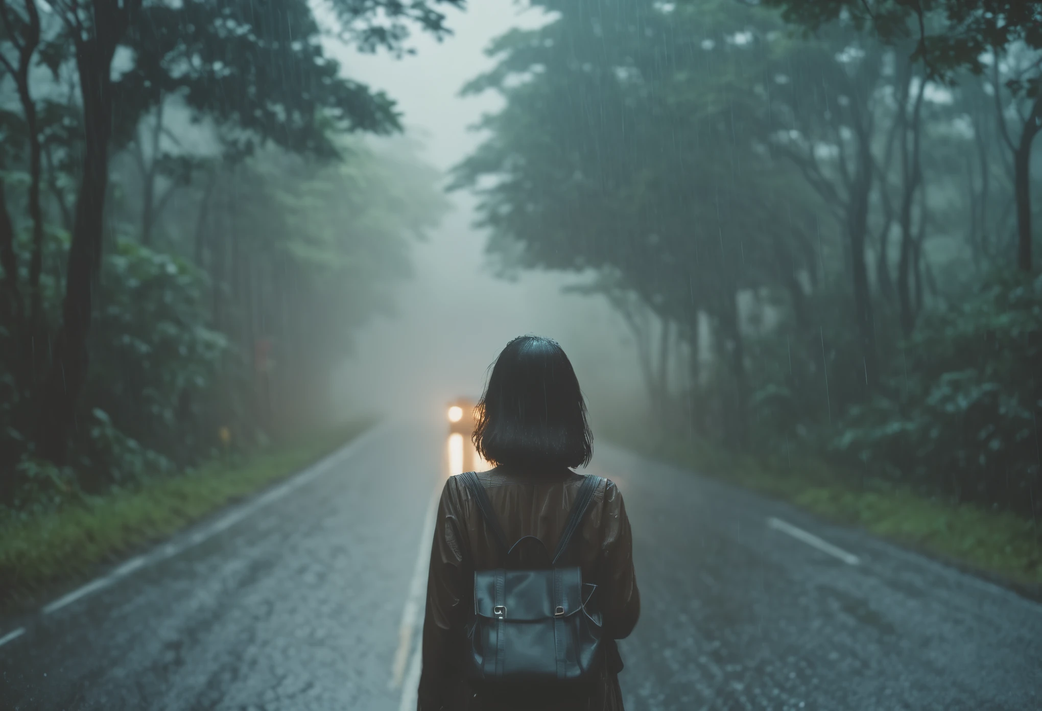best quality, actual, photoactual, , (intricate details: 1.2), (Exquisite details), (intricate details), (film light, back view,road in forest,heavy rain,gloomily,Lonely,女士back view,dark style,Heavy fog,film light效,,depress,It rains heavily,