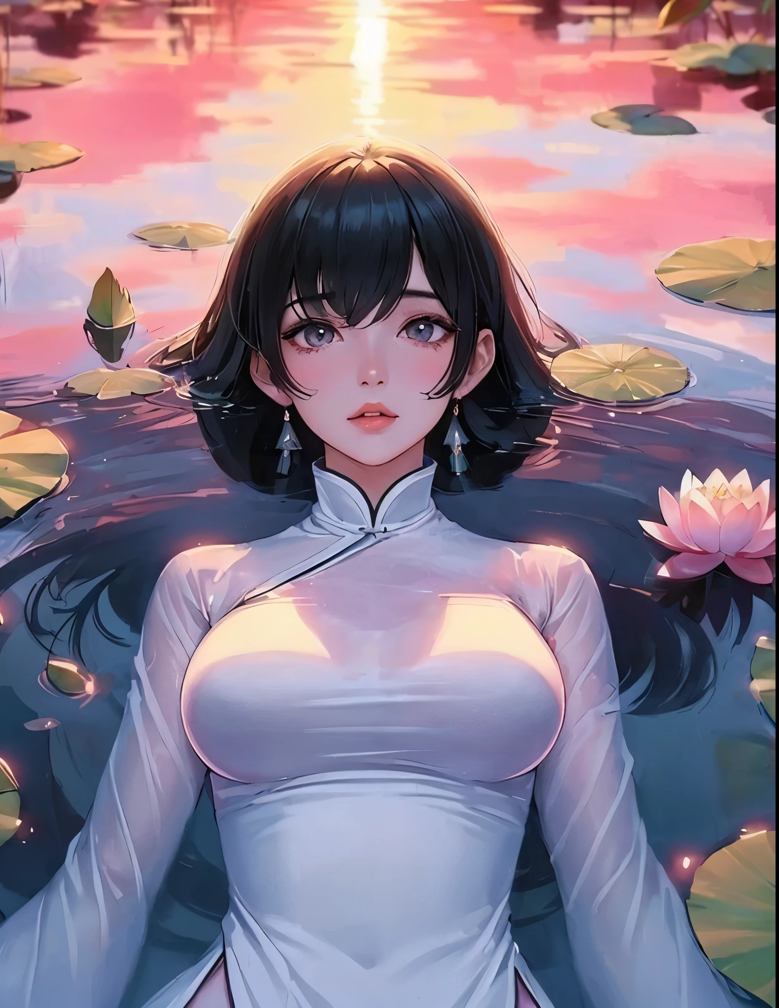 1lady solo, (from above), ((floating on her back) on pond) (in water:0.8), (looking up at sky), white (Ao dai) stylish, mature female, /(black hair/), (melancholic expression:0.6) (light blush:0.7), (masterpiece best quality:1.2) delicate illustration ultra-detailed, medium breasts BREAK (clear pond) outdoors, (water surface) ripples, (lotus leaves and flower), (at dusk), detailed background