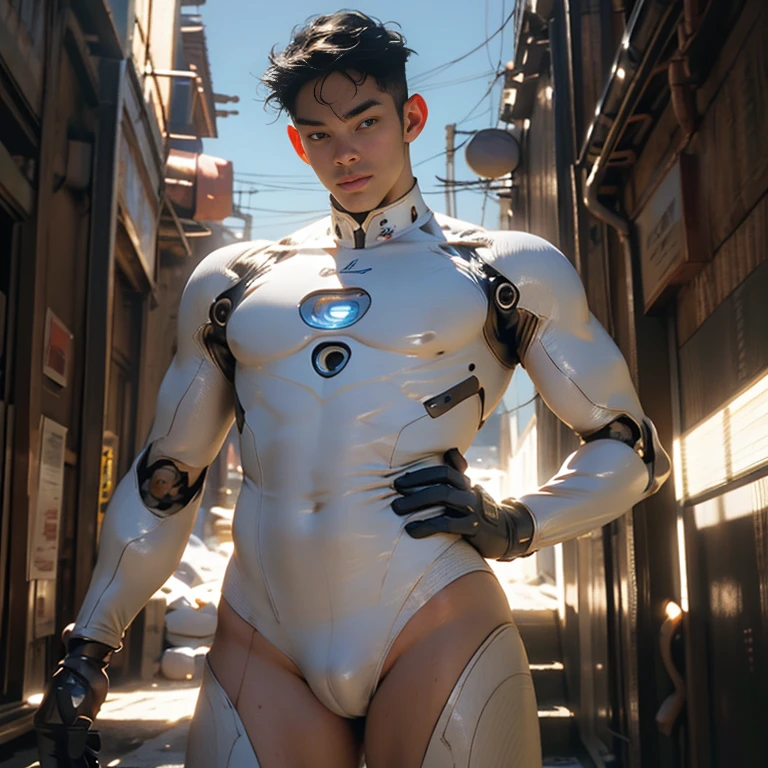 (masutepiece,High resolution,ultra - detailed:1.0),1(Boy ,robot boy ),Perfect male body,Look at the camera,Delicate eyes and delicate face,extremely details CG,Unity 8k壁纸,intricate-detail,solo person,Detailed face, ( extreme tight skin-perfect white bodysuit), (extremely small size bodysuit squeeze out the side belly),Best Quality, hands visible, Beautiful and delicate blue short hair:1.5 , full length shot(fls) , big thighs , big fat hips , insane details, hyper details , photorealistic , only male , handsome boy , fat buttock , puffy nipples , 16k resolution , ultra-high clarity , hyperrealism, uhd,. K-pop idol , whore , slutty whore , swollen nipples , defeat , grins ,thick thighs, thick fat booty. Fat buttocks , male , gluteal fold , buttocks lift , (bare thighs ) , (bare chest ) , ( thick bottom ) , realism , hyper realistic , photorealistic , ( thick hips ). , standing , 2 hands up behind head , super tight , super handsome boy , male , gynecomastia , fatty hips