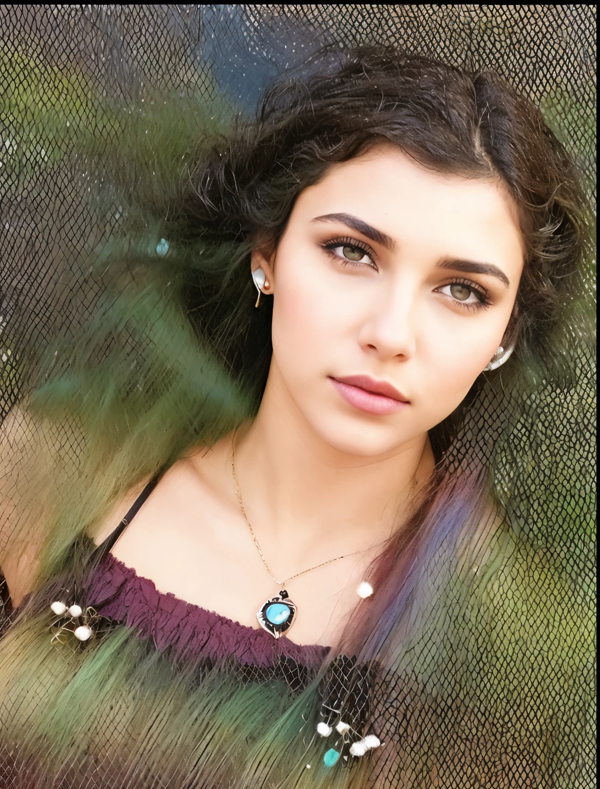 uma fotografia de uma mulher morena com cabelos varridos pelo vento, your hair tangled like flames against a twilight sky, emanating indomitable beauty