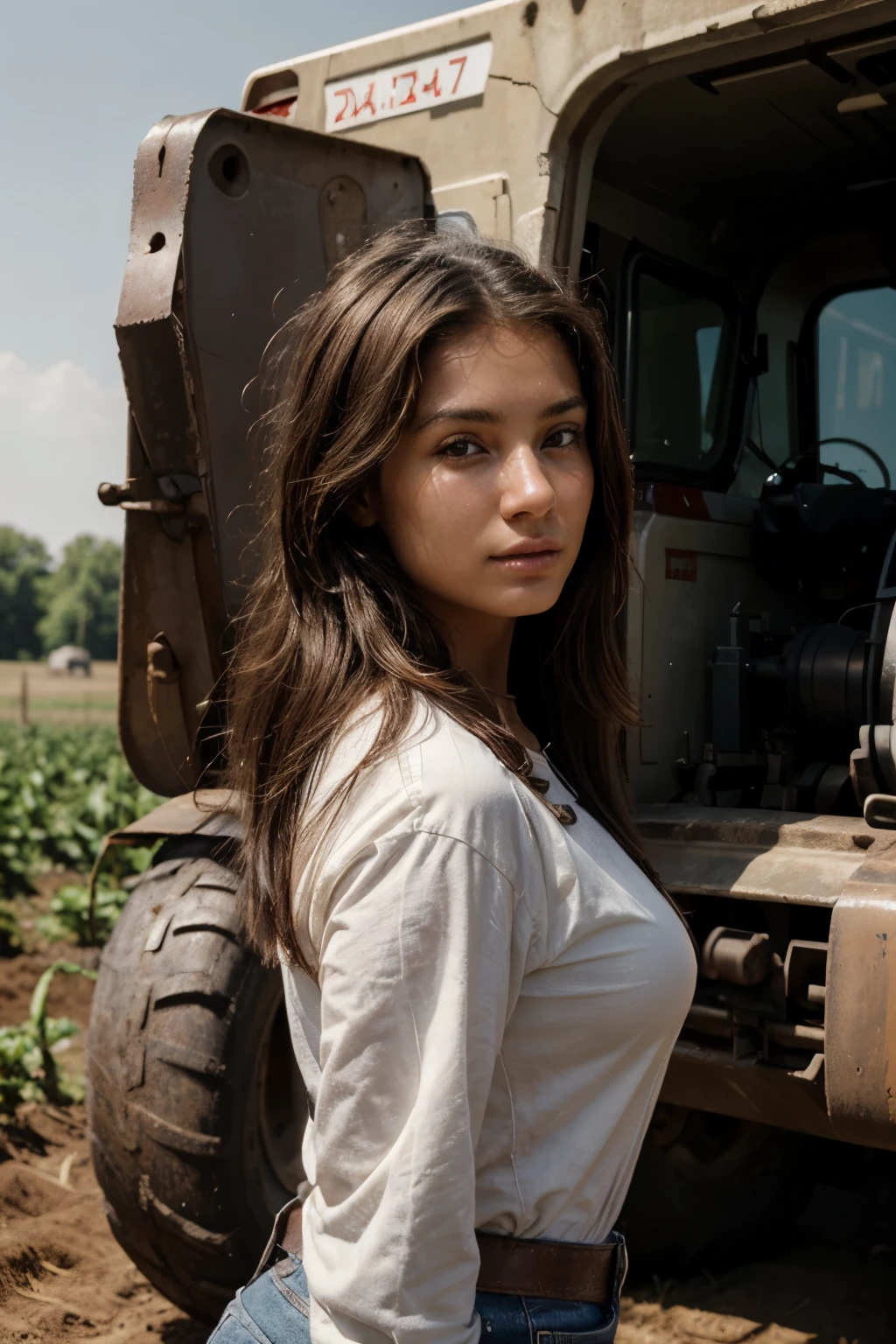 (Masterpiece, Top Quality, Best Quality, Beautiful and Aesthetic:1.2), Extremely Detailed, Photo of a woman, nice tight farm worker clothing, work on the farm, stands next to an excavator, happy, sunlight, 18 years old, Perfect Body, Perfect rare face, (very detailed skin), black colored hair, Skin texture, Sharp focus on rare face, Perfect brown eyes, (Photorealistic), Film grain, name Samira,