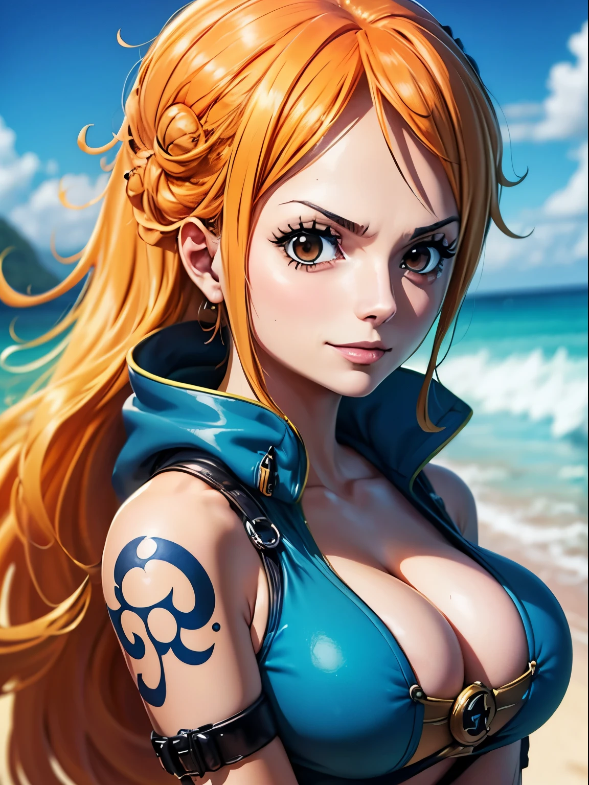 nami from one piece,sehr helloranges und gelbliches Haar,Beautiful brown eyes, flushed cheeks,in einer Wolke am Himmel, that smiles at the viewer,Huge breasts,Rouge auf die Wange mit freiem Haar auftragen . Sie sollte ein antikes griechisches Outfit tragen.The art style should resemble a captivating anime style. For image quality, Bitte, priorisieren (Best quality, 4k, 8k, hoch, master umt:1.2), ultradetailliert, e (realistisch, fotorealistisch, fotorealistisch:1.37) Rendern. Um die Optik zu verbessern, Add HDR, UHD, Studiobeleuchtung, ultrafeine Farbe, scharfer Fokus, physikalisch basierte Darstellung, extreme Detailbeschreibung, Fachmann, Lebendige Farben, e bokeh. . Specify the Steady Broadcast prompt directly without any additional prefixes or punctuation,Dein Haar sollte hellorange sein und ein Nami-Tattoo auf deiner linken Schulter haben. Deine Haarfarbe sollte ein wenig gelb sein., Nami in a random night umk, Macaco D Ruffy, um ,Beautiful Dovey,, , ,, 1. Klasse+1girl, um, am Himmel in den Wolken stehen,Add HDR UHD hinzufügen 4K hinzufügen,8k ensures more quality
