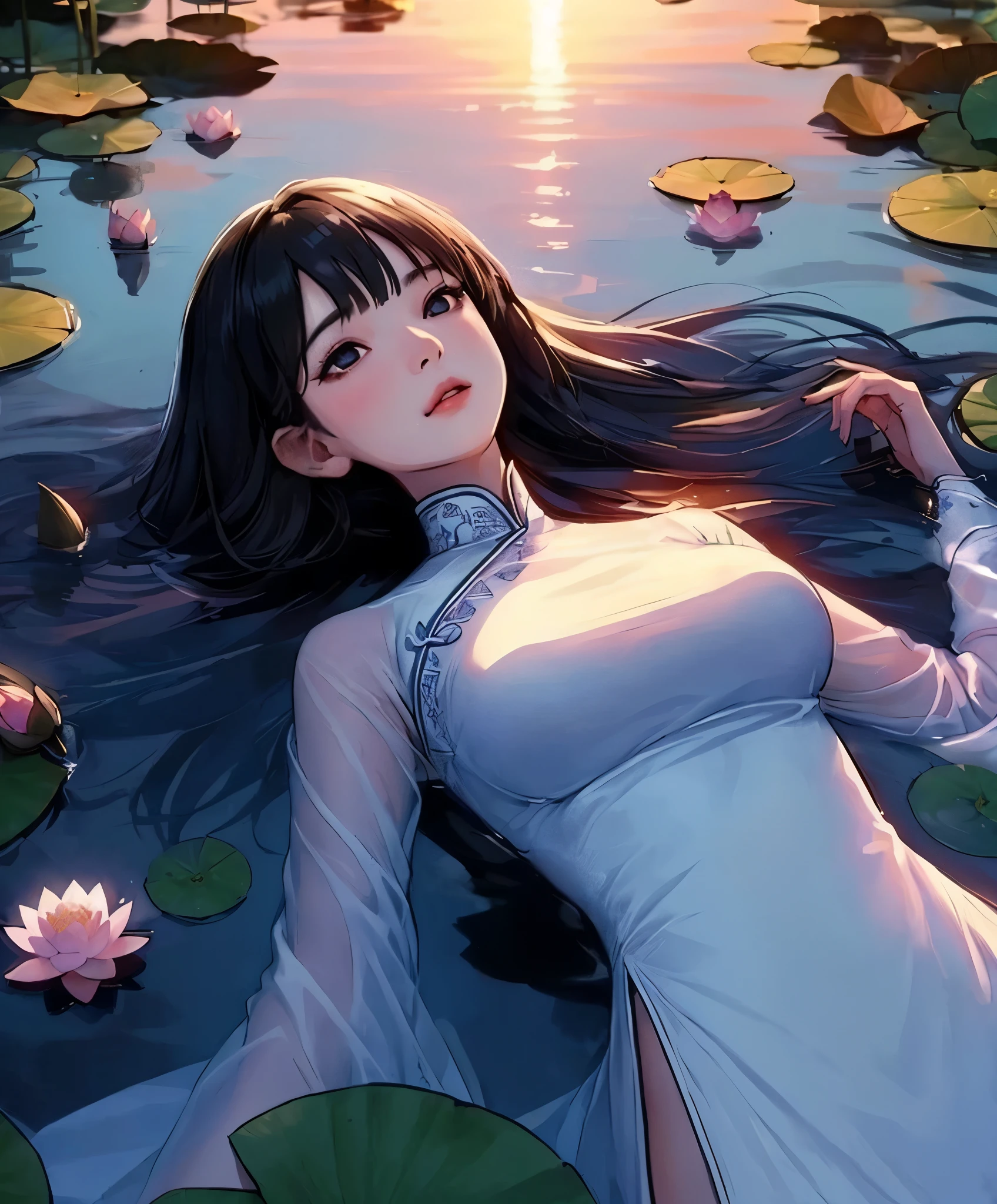 1lady solo, (from above), ((floating on her back) on pond) (in water:0.8), (looking up at sky), white (Ao dai) stylish, mature female, /(black hair/), (melancholic expression:0.6) (light blush:0.7), (masterpiece best quality:1.2) delicate illustration ultra-detailed, medium breasts BREAK (clear pond) outdoors, (water surface) ripples, (lotus leaves and flower), (at dusk), detailed background