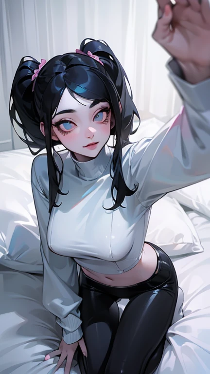 (masterpiece: 1.2, highest quality),Earringed arafe woman wearing white sweater and posing on bed, white bangs black hair, 1 7 goth girl, pale white skin!!, Angie Wolf, webcam footage, Very pale, very realistic. live camera, angela white, pale gothic beauty, very pale, black pigtails, pure white skin、pink panties、close up of butt