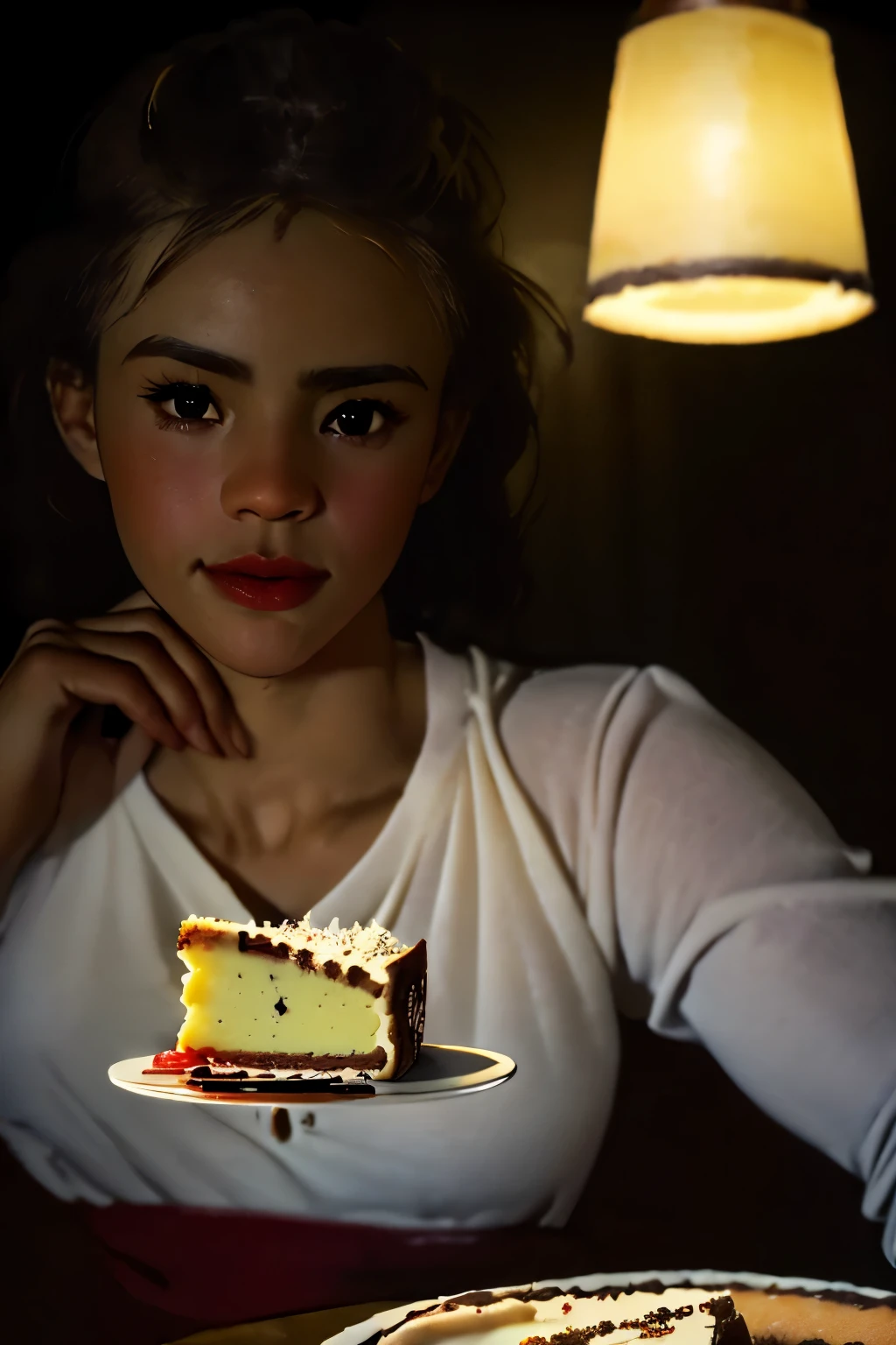 Photorealistic Appetizing slice of cherry cheesecake with chocolate, delicious, fragrant, close-up, highly detailed, intricate detail, raw photo, lifelike rendering, immersive atmosphere, chiaroscuro, moody lighting, candaceowens ((covered in cheese cake))