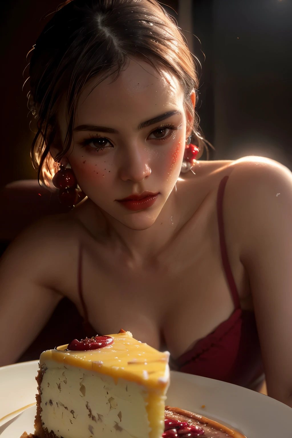 Photorealistic Appetizing slice of cherry cheesecake with chocolate, delicious, fragrant, close-up, highly detailed, intricate detail, raw photo, lifelike rendering, immersive atmosphere, chiaroscuro, moody lighting, candaceowens ((covered in cheese cake))