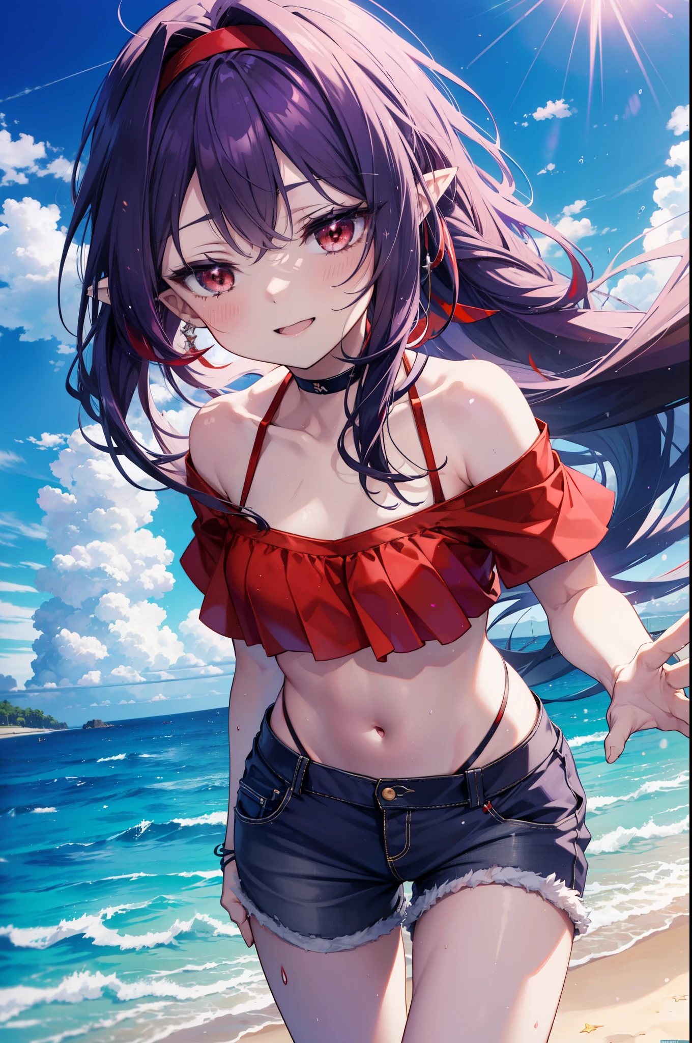yuukikonno, Yuki Konno, hair band, long hair, pointy ears, purple hair, (red eyes:1.5),happy smile, smile, open your mouth, Are standing,
From above, (small breasts:1.2), ,dog ears,animal ears　dog tail,Red Bikini Swimsuit,purple short sleeve hoodie　Front open,,short denim pants,barefoot,barefoot,beach, sandy beach,Palm tree,Midsummer,Light of the sun,noon,
break looking at viewer, Upper body, whole body, (cowboy shot:1. 5
break outdoors, beach,
break (masterpiece:1.2), highest quality, High resolution, unity 8k wallpaper, (shape:0.8), (beautiful deしっぽed eyes:1.6), extremely deしっぽed face, perfect lighting, extremely deしっぽed CG, (perfect hands, perfect anatomy),
