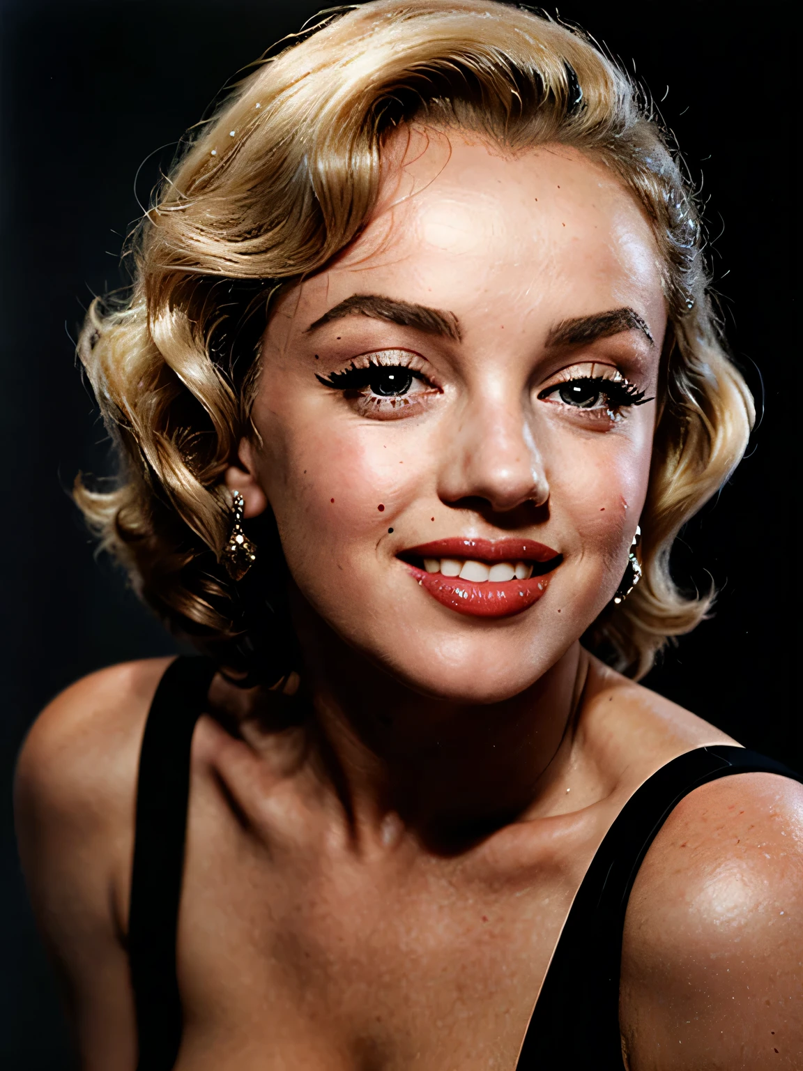 a closeup dark upper body shot photo of a Marilyn Monroe with perfect eyes, smile, dark background