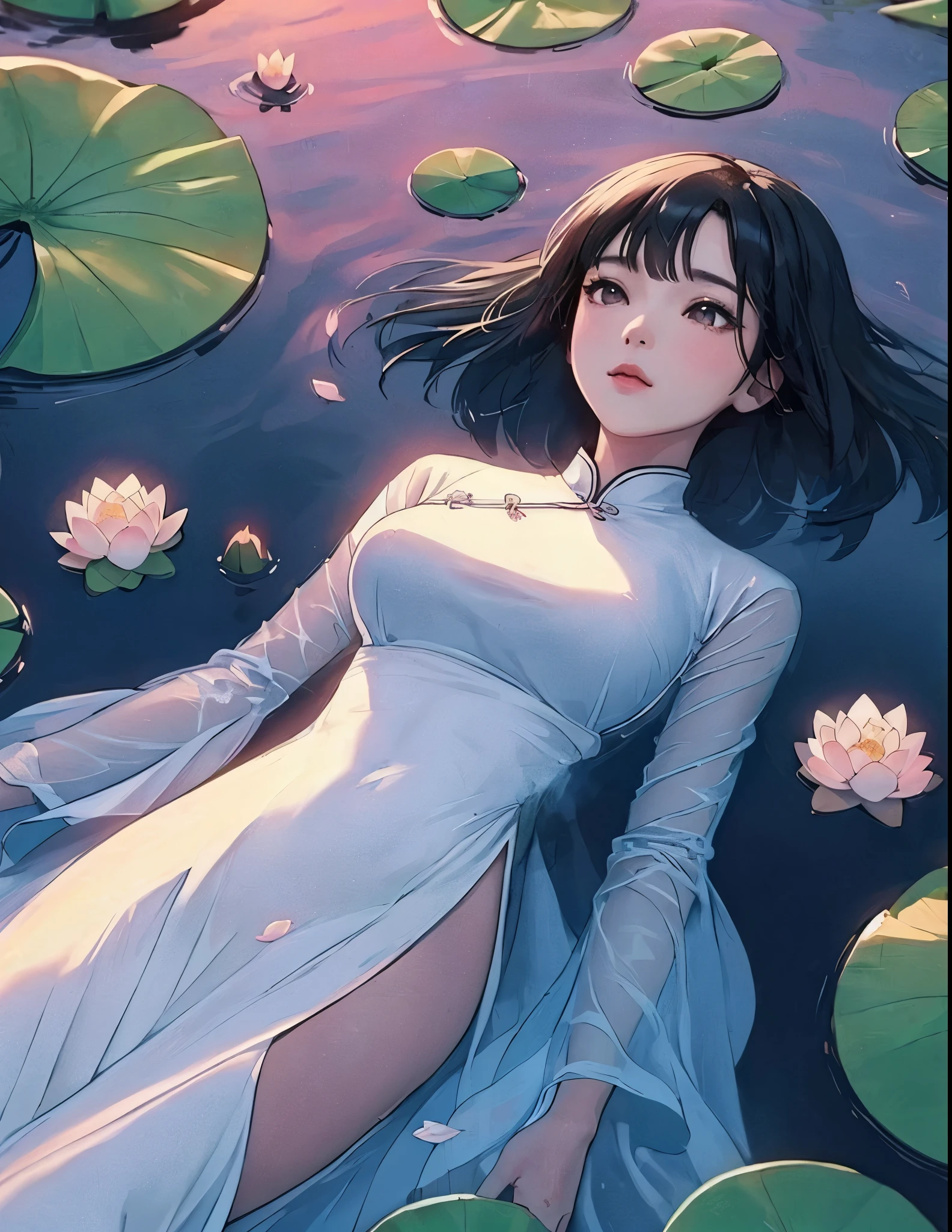 1lady solo, (from above), ((floating on her back) on pond) (in water:0.8), (looking up at sky), white (Ao dai) stylish, mature female, /(black hair/), (melancholic expression:0.6) (light blush:0.7), (masterpiece best quality:1.2) delicate illustration ultra-detailed, medium breasts BREAK (clear pond) outdoors, (water surface) ripples, (lotus leaves and flower), (at dusk), detailed background