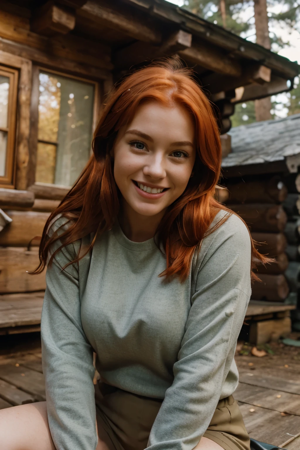 A close up portrait of a busty red haired girl, smiling, wearing tight outdoor clothing, sitting on the ground in front of a log cabin in the woods, hyper realistic photo, picture taken with canon eos 3 and kodak gold 400