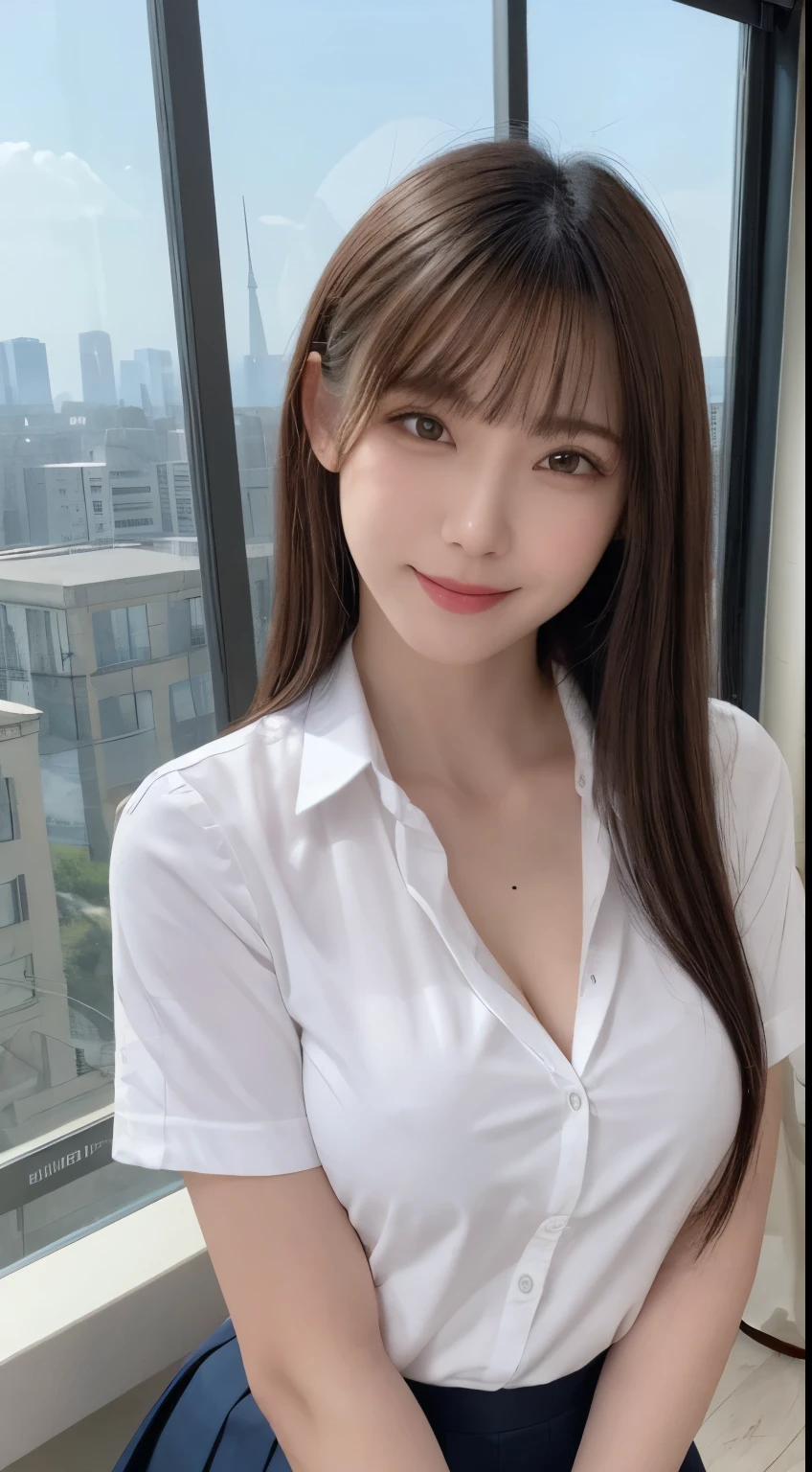 whole body, highest quality, figure, Super detailed, finely, High resolution, 8K, 完璧なダイナミックな構figure, detailed and beautiful eyes, white shirt,perm hair, middle of chest, natural color lip, Random and natural poses,smile,tower apartment，big breasts，skirt，