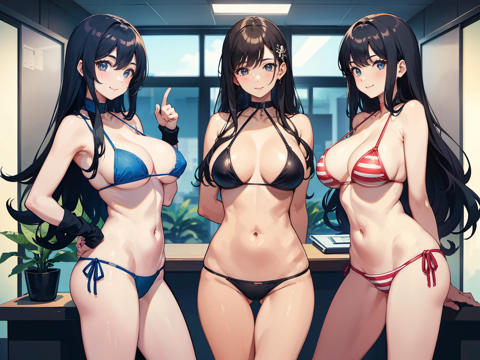 3girls, 28 years old, lewd bikini, smile, looking at viewer, arms behind back, Employee ID card hanging from the neck, in the office, cowboy shot, masterpiece, super detail, best quality