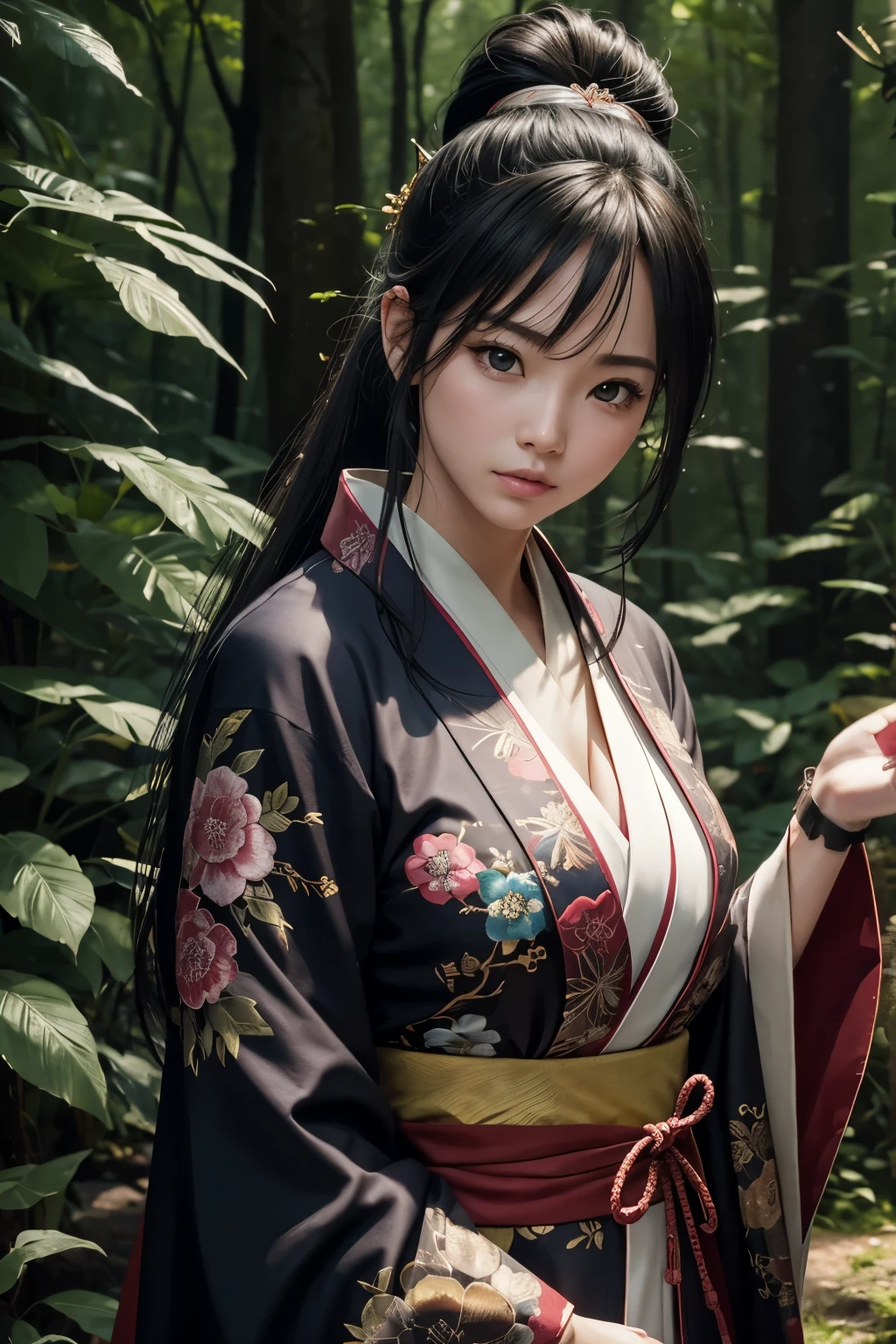 8K,buttleシーン,ホラー的なin woods,(masterpiece、top-quality:1.3)、日本の着物を着て日本刀を持った女子高生のaction scene,超A high resolution,18year old,美しい女の子のaction scene、Super beauty(Like the real thing),Black hair ponytail、(1girl in)、((s lips))、(nase)、((Long face))、Regant、Stylish、sharp gaze,Rugged look,Look at viewers、soft makeup、Textured、Dynamic Posture、wide Shots、 Dramatic Lighting:1.1、(gradientace perfect)、coldness,light particules、(depth of fields)、(intricate-detail:1.2)、in woods(highly detailed back ground)、,The charm of wearing kimono for adults,花魁(Flashy kimono)facing the front there,A sexy,glares,gloomy atmosphere,Normal breasts,in woods,combat scene,action scene,actionpose,have a talisman in hand,buttleムービー,full bodyesbian,大胆なaction scene,buttle,