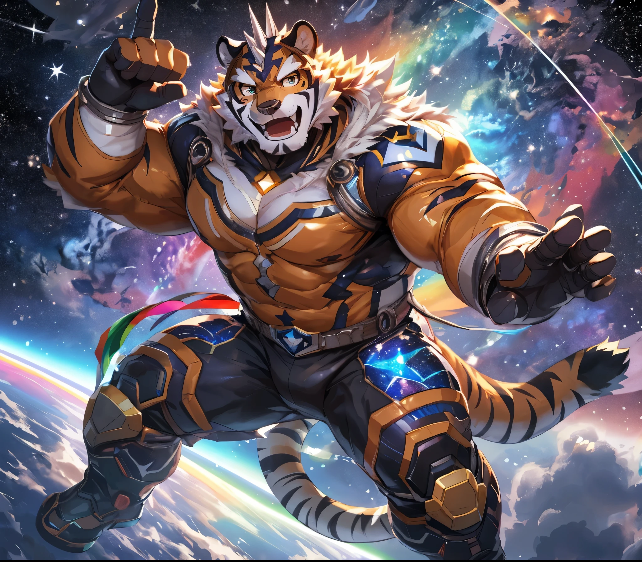 masterpiece,high quality,anime,detailed eyes,furry male White Tiger, Ryekie, Great physique,strong arms manly, Floating in space, Battleships, Star Pajama suit, (Rainbow), Shimmering Stars, asteroids, Joyful, by null-ghost,by pino daeni