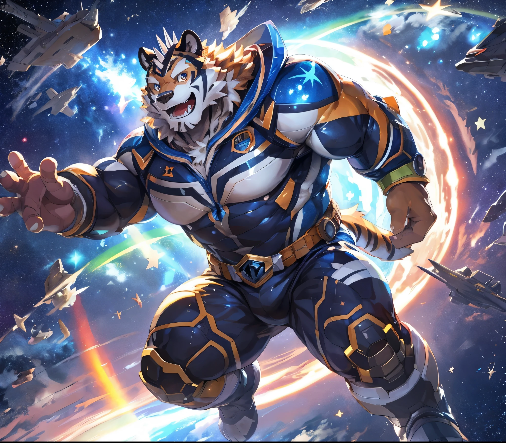 masterpiece,high quality,anime,detailed eyes,furry male White Tiger, Ryekie, Great physique,strong arms manly, Floating in space, Battleships, Star Pajama suit, (Rainbow), Shimmering Stars, asteroids, Joyful, by null-ghost,by pino daeni