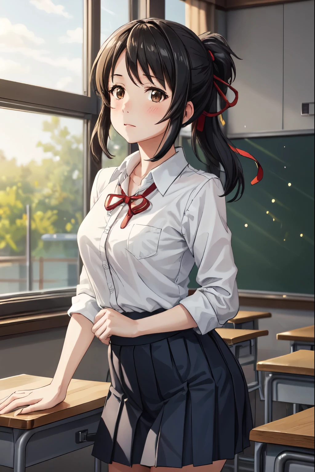 mitsuha miyamizu, black hair, (brown eyes:1.5), hair ribbon、1 girl, alone, long hair,white shirt, pleated skirt, blue skirt, Natural light, soft lighting,, volume lighting, indoors, classroom, highly detailed background,cowboy shot