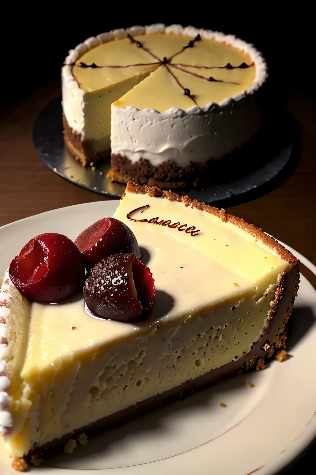 Photorealistic Appetizing slice of cherry cheesecake with chocolate, delicious, fragrant, close-up, highly detailed, intricate detail, raw photo, lifelike rendering, immersive atmosphere, chiaroscuro, moody lighting, candaceowens ((covered in cheese cake))