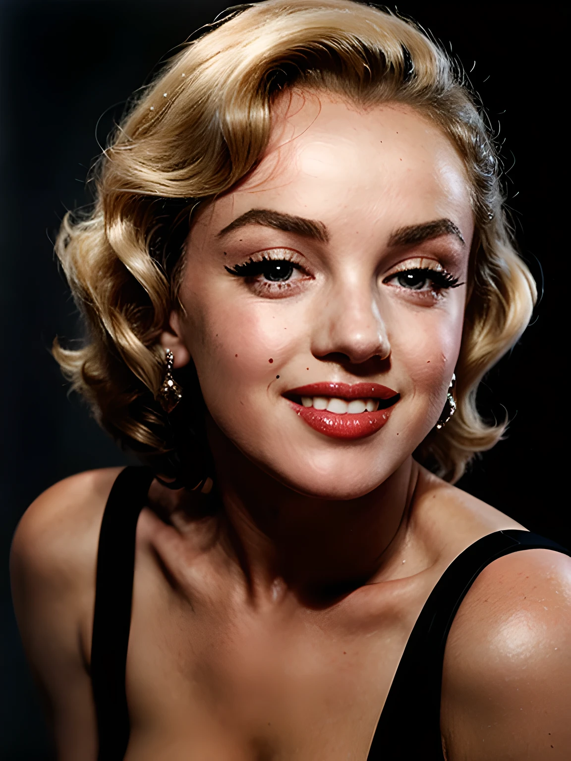 a closeup dark upper body shot photo of a Marilyn Monroe with perfect eyes, smile, dark background