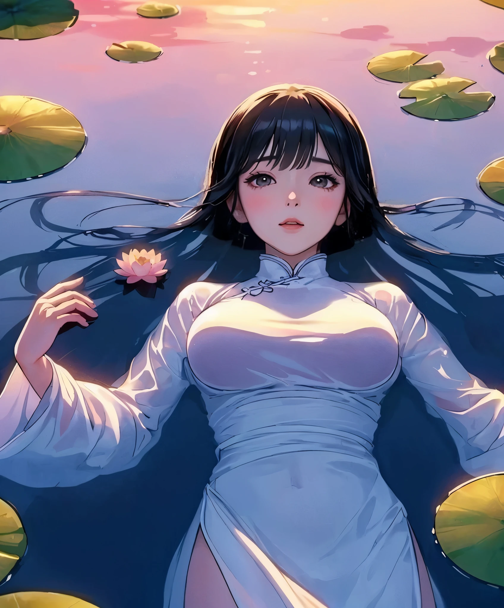 1lady solo, (from above), ((floating on her back) on pond) (in water:0.8), (looking up at sky), white (Ao dai) stylish, mature female, /(black hair/), (melancholic expression:0.6) (light blush:0.7), (masterpiece best quality:1.2) delicate illustration ultra-detailed, medium breasts BREAK (clear pond) outdoors, (water surface) ripples, (lotus leaves and flower), (at dusk), detailed background