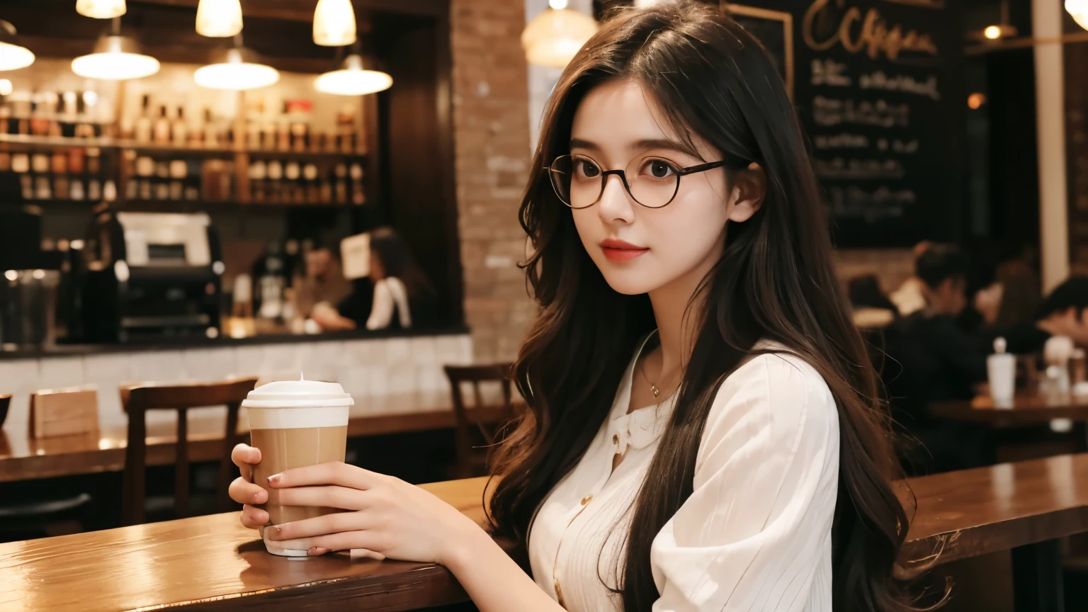 Girl with long curly hair parted in the middle and black-rimmed glasses wearing a long dress in a coffee shop