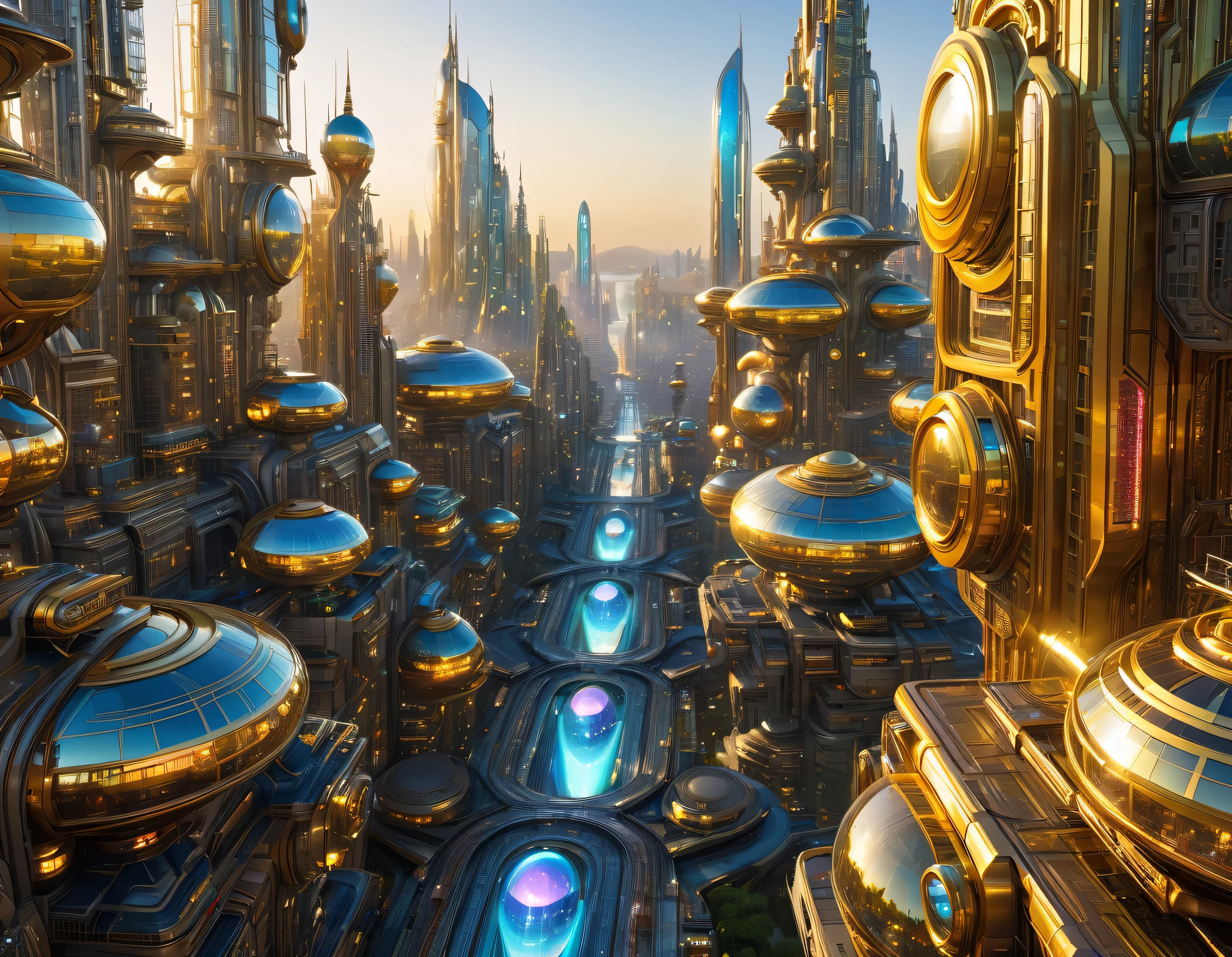 (golden hour lighting), megacity, megalopolis of an imaginary world of science fiction , parecido a una disneylandia futurista, and maximum fantasy, con inmensos edificios y rascacielos ovalados y dodecaedricos agrupados de metal y cristal donde predomina el oro y los anuncios luminosos de colores. imagen bien definida 8k, (intrincados detalles de la maquina), con muchos edificios juntos.(obra maestra de superior calidad).(imagen fotorrealista), nitidez absoluta hasta el fondo