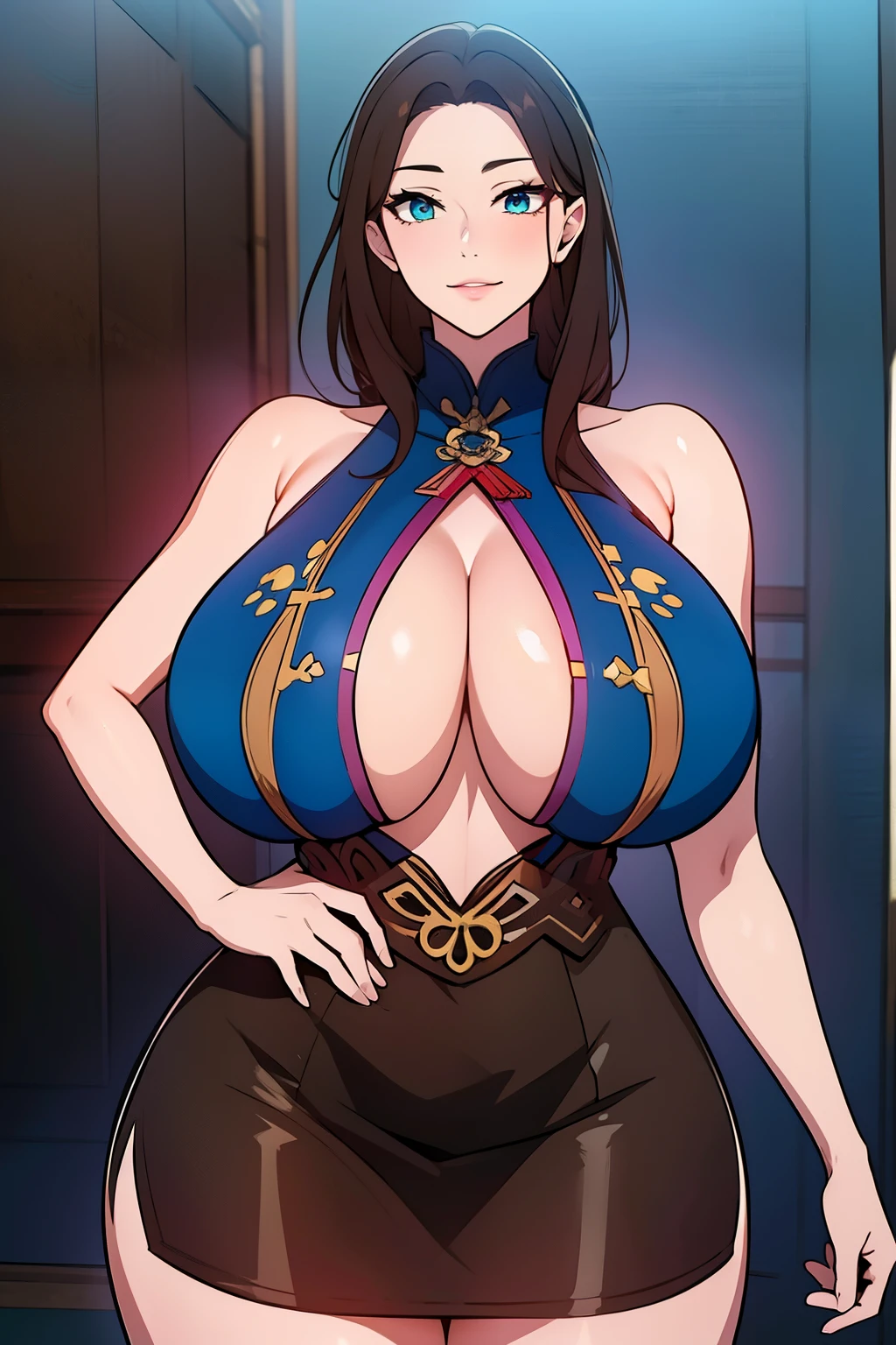 An anime-style artwork depicting ruan mei from the game Honkai star rail.
Tags: ruan mei, anime, detailed eyes, detailed lips, chinese dress, turtleneck, pencil skirt, smiling expression, intense gaze, glowing emblem on hand, dynamic pose, mystical background, vibrant colors, digital art, high-resolution, professional quality, gigantic breasts, (underboob : 1.4), curvy, cowboy shot, (gigantic breasts: 1.4), green eyes, (light brown hair)