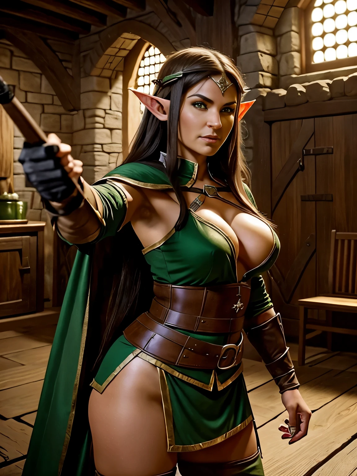 (Sexy) 1 adult woman elf archer, with long dark hair, dressed in medieval clothing, (1 adult woman elf archer fights with 1 male orc) in the middle of a room with medieval interiors and decor, looking at the viewer. Overall detail: 1.5
