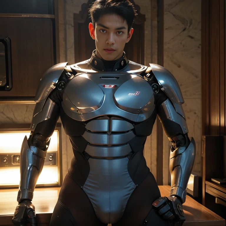 (masutepiece,High resolution,ultra - detailed:1.0),1(Boy ,robot boy ),Perfect male body,Look at the camera,wearing high bodysuit, sexy , eroticism , nsfw , super tight , super handsome boy , male , gynecomastia , fatty hips , fatty buttocks

