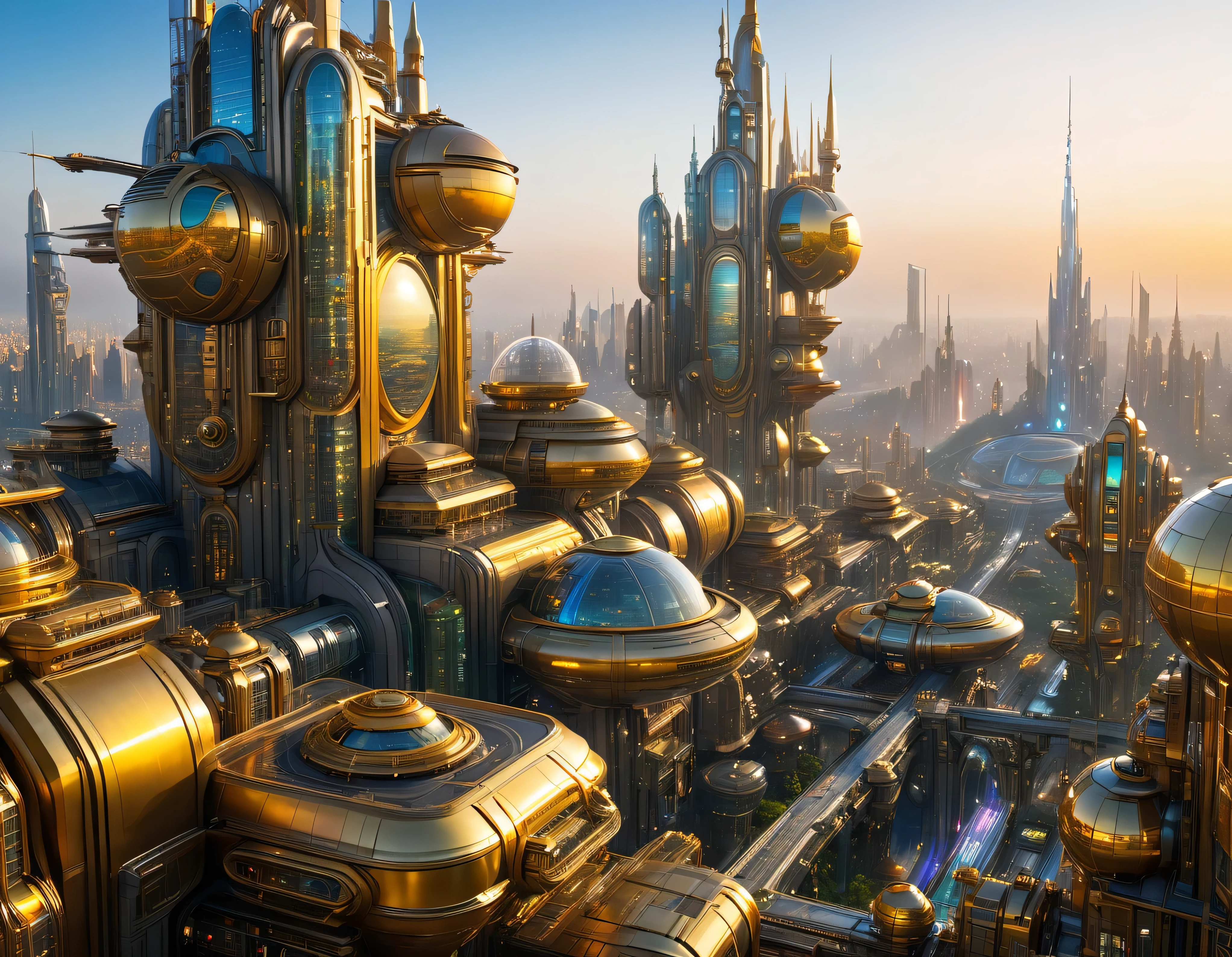 (golden hour lighting), megacity, megalopolis of an imaginary world of science fiction , parecido a una disneylandia futurista, and maximum fantasy, con inmensos edificios y rascacielos ovalados y dodecaedricos agrupados de metal y cristal donde predomina el oro y los anuncios luminosos de colores. imagen bien definida 8k, (intrincados detalles de la maquina), con muchos edificios juntos.(obra maestra de superior calidad).(imagen fotorrealista), nitidez absoluta hasta el fondo