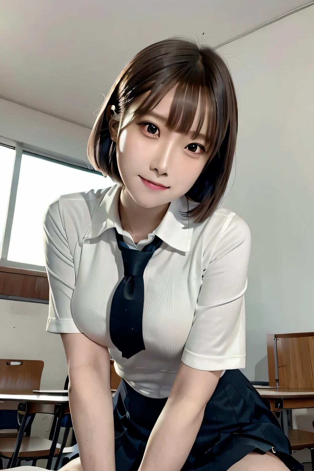 1 girl, beautiful, cute, professional lighting, highest quality,well-groomed face,(school uniform:1.7), beautiful,short hair,(looking down, watching at Viewer:1.7),(from below:1.7),(big breasts:1.2), school,