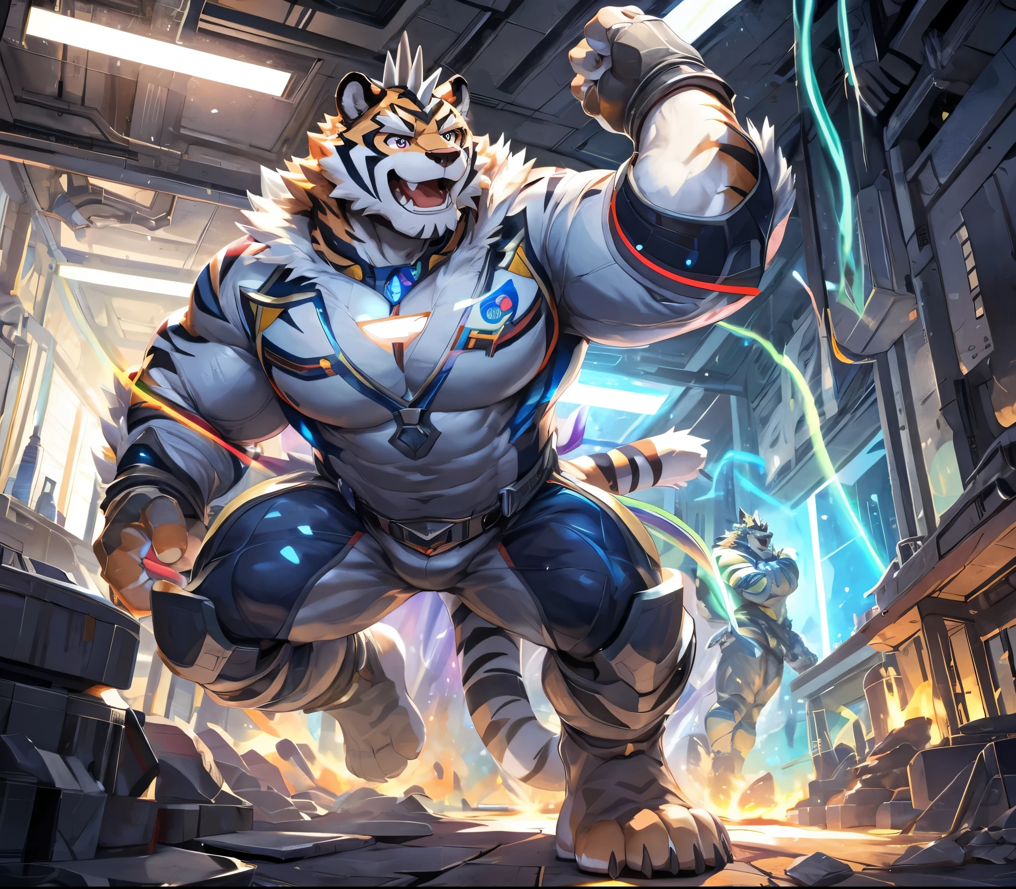 masterpiece,high quality,anime,detailed eyes,furry male White Tiger, Ryekie, Great physique,strong arms manly, wall through hallway, Laboratory, Scientist suit, (Rainbow), Shimmering Stars, asteroids, Joyful, by null-ghost,by pino daeni