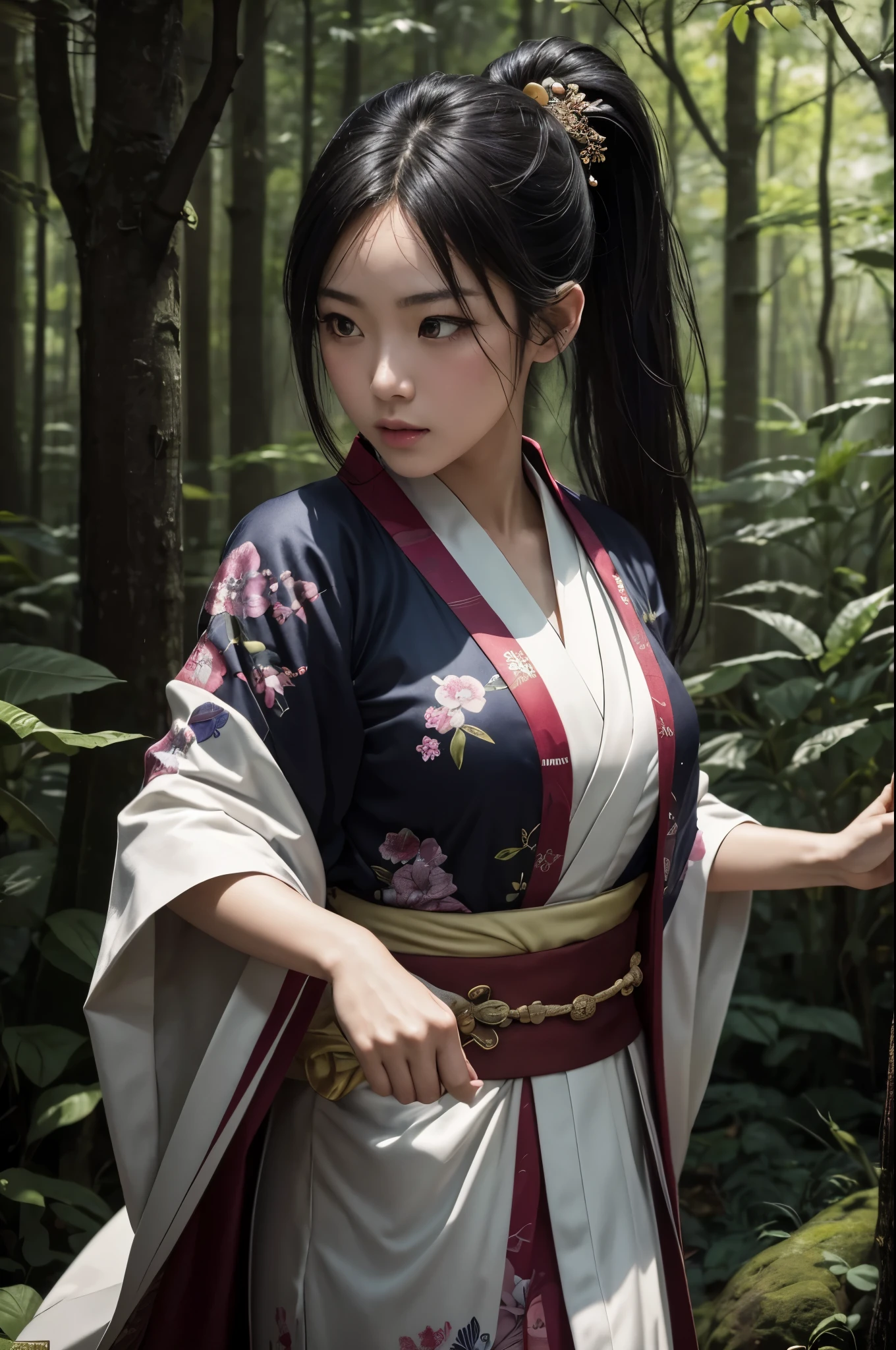 8K,ホラー的なin the forest,(masterpiece、highest quality:1.3)、日本の着物を着て日本刀を持った女子高生のaction scene,超A high resolution,18-year-old,美しい女の子のaction scene、Super beautiful(like the real thing),black hair ponytail、(1 girl)、((lips))、(nose)、((long face))、watering、stylish、sharp gaze,rugged appearance,look at the audience、soft makeup、textured、dynamic posture、wide shot、 dramatic lighting:1.1、(perfect gradation)、coldness,particles of light、(Depth of the bounds written)、(intricate details:1.2)、in the forest(highly detailed background)、,The charm of adult kimono,Oiran(flashy kimono)facing there,Sexy,glare,dark atmosphere,normal breast,in the forest,battle scene,action scene,action pose,I have some paper bills in my hand.,masterpiece,highest qualityのフォトリアリスティックなRAW写真。bright colors,rich colors, Backlight, cinematic lighting, film grain, to be born, 50MM lens, Nikon D850,super realistic skin,fantasy art,character art,ultra high resolution,realistic scale skin,Perfect hand shape,view audience,beautiful expression,Close-up,have several amulets in hand,dynamic pose,action pose,Martial Arts Posture,sharp look,narrow eyes,view audience,