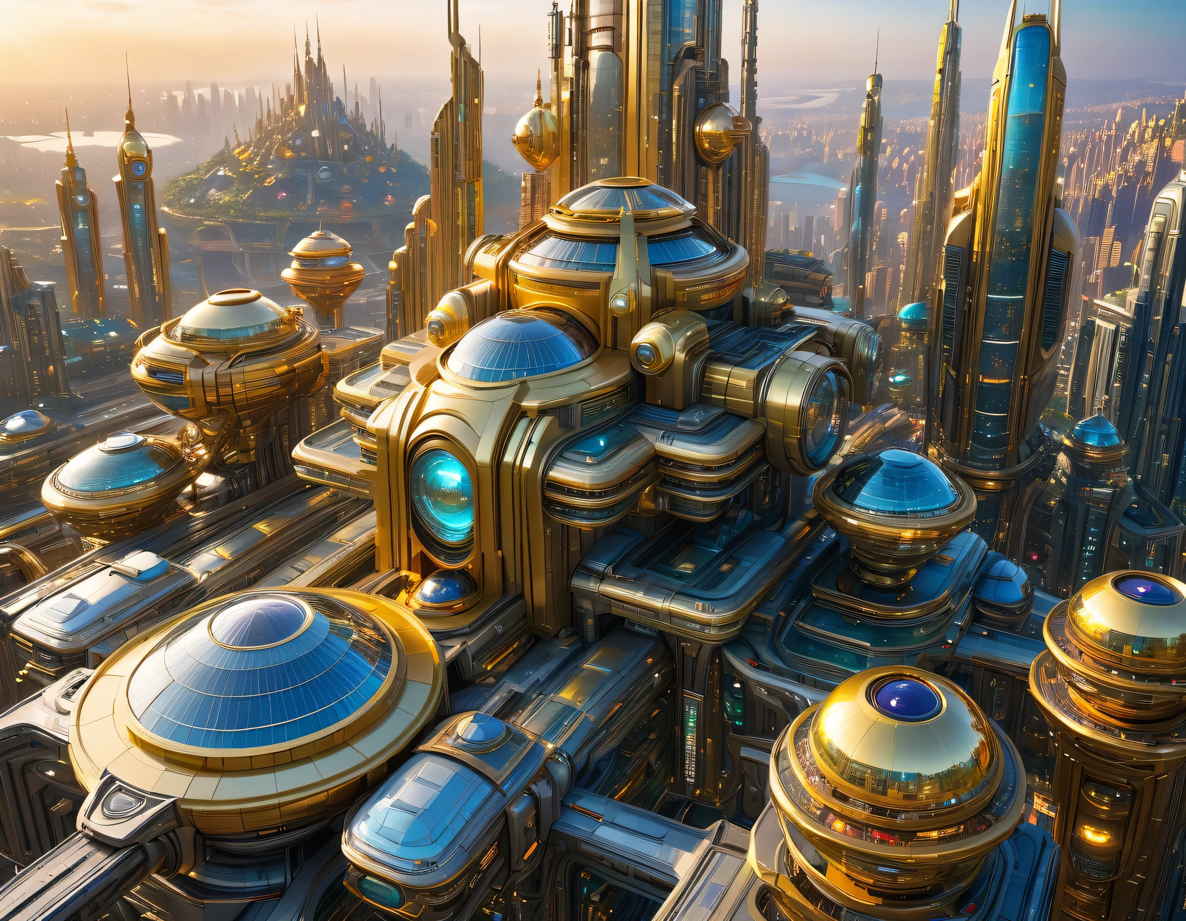 (golden hour lighting), megacity, megalopolis of an imaginary world of science fiction , parecido a una disneylandia futurista, and maximum fantasy, con inmensos edificios y rascacielos ovalados y dodecaedricos agrupados de metal y cristal donde predomina el oro refulgente y los anuncios luminosos de colores. imagen bien definida 8k, (intrincados detalles de la maquina), con muchos edificios juntos.(obra maestra de superior calidad).(imagen fotorrealista), nitidez absoluta hasta el fondo