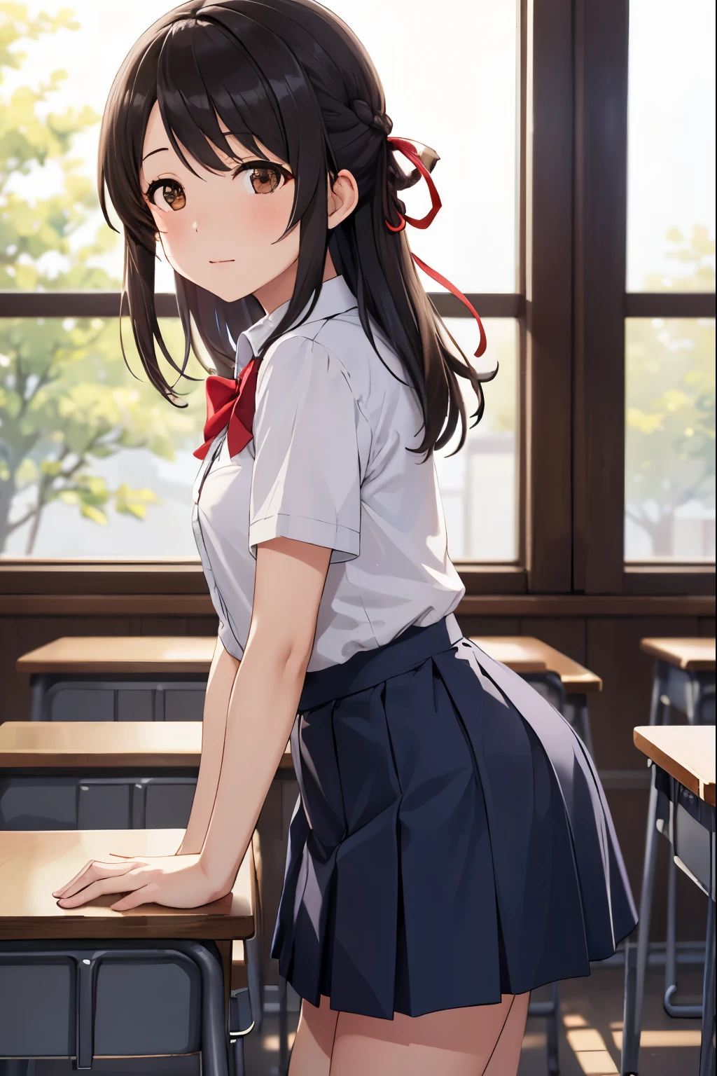 mitsuha miyamizu, black hair, (brown eyes:1.5), hair ribbon、1 girl, alone, long hair,white shirt, pleated skirt, blue skirt, Natural light, soft lighting,, volume lighting, indoors, classroom, highly detailed background,cowboy shot