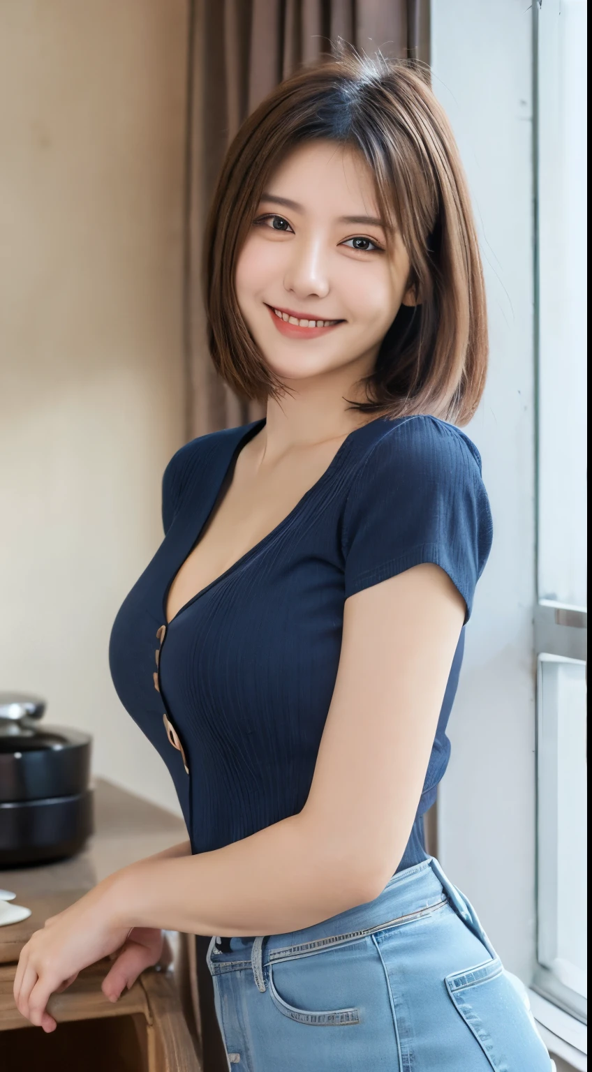 whole body, highest quality, figure, Super detailed, finely, High resolution, 8K, 完璧なダイナミックな構figure, detailed and beautiful eyes, colorful shirt,medium hair, natural color lip, Random and natural poses,smile,tower apartment,big breasts,skirt,jeans,