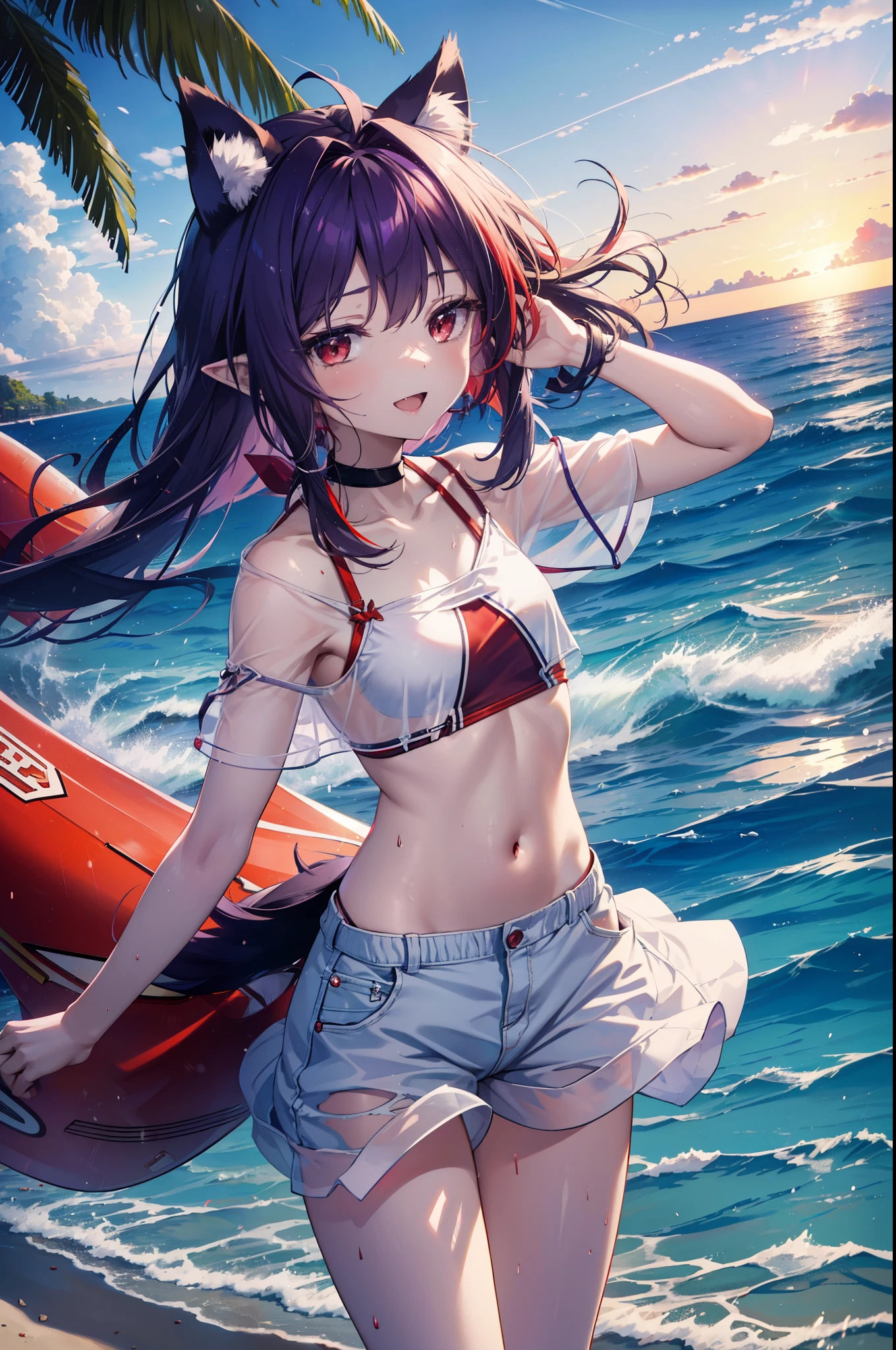 yuukikonno, Yuki Konno, hair band, long hair, pointy ears, purple hair, (red eyes:1.5),happy smile, smile, open your mouth, Are standing,
From above, (small breasts:1.2), ,dog ears,animal ears dog tail,Red Bikini Swimsuit,purple short sleeve hoodie Front open,,short denim pants,barefoot,barefoot,beach, sandy beach,Palm tree,Midsummer,Light of the sun,noon,
break looking at viewer, Upper body, whole body, (cowboy shot:1. 5
break outdoors, beach,
break (masterpiece:1.2), highest quality, High resolution, unity 8k wallpaper, (shape:0.8), (beautiful deしっぽed eyes:1.6), extremely deしっぽed face, perfect lighting, extremely deしっぽed CG, (perfect hands, perfect anatomy),