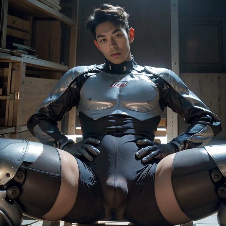 (masutepiece,High resolution,ultra - detailed:1.0),1(Boy ,robot boy ),Perfect male body,Look at the camera,wearing high waisted bodysuit, sexy , eroticism , nsfw , super tight , super handsome boy , male , gynecomastia , fatty hips , fatty buttocks, (bare thighs)
