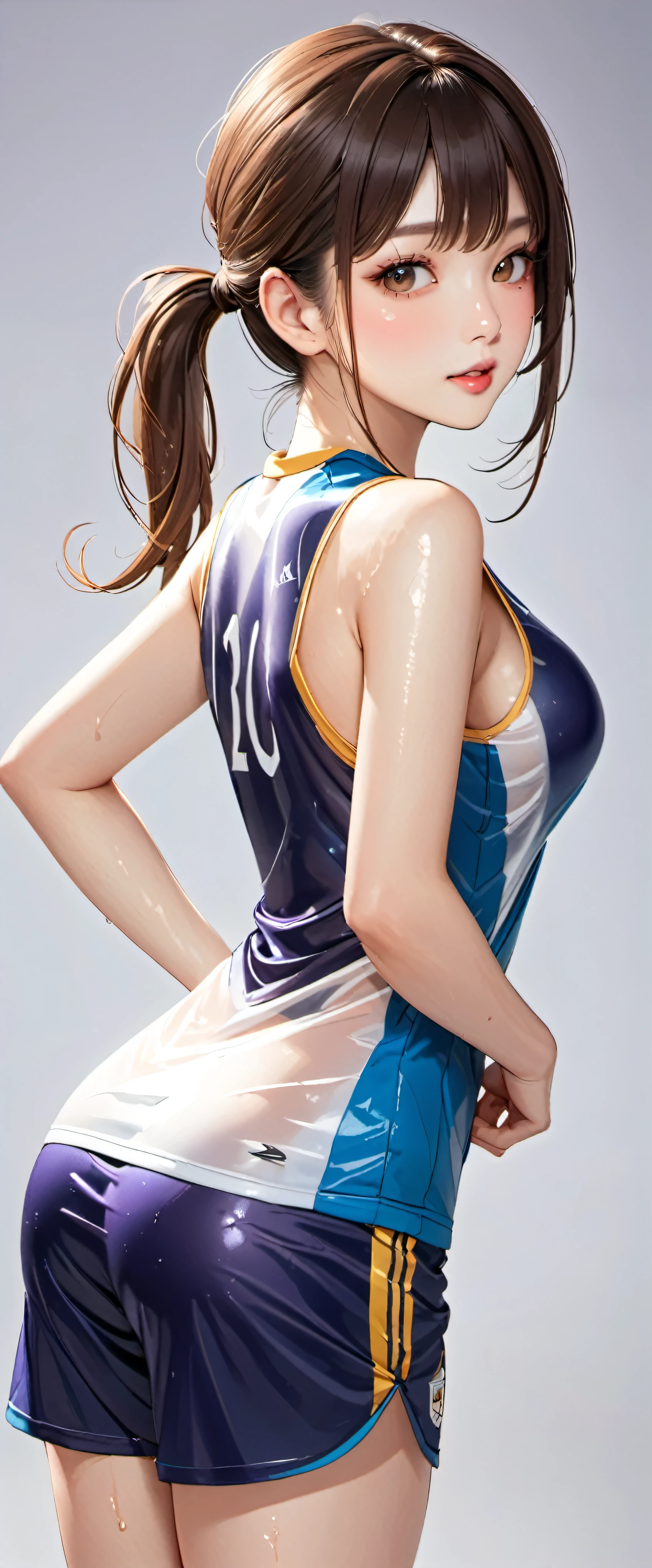 (masterpiece,highest quality,超A high resolution),japanese woman, (((very beautiful 20 year old girl))), pretty girl、look at the photographer、 ((beautiful low ponytail)), super cute face, glossy lips, double eyelids in both eyes,natural smile、 natural makeup, long eyelashes, Shiny and smooth hair、center image, perfect limbs, perfect anatomy,(((soccer uniform)))、(wet with sweat),,beautiful breasts,See-through,,turn around and look back