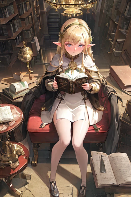 (masterpiece,best quality,ultra detailed:1.2),
Lens Flare, 
Countless grimoires piled up to the ceiling, 
from above, 
The background is also filled with countless books, 
A beautiful girl with elf ears sits on a pedestal in the center, 
Clothing based on black with exposed thighs, 