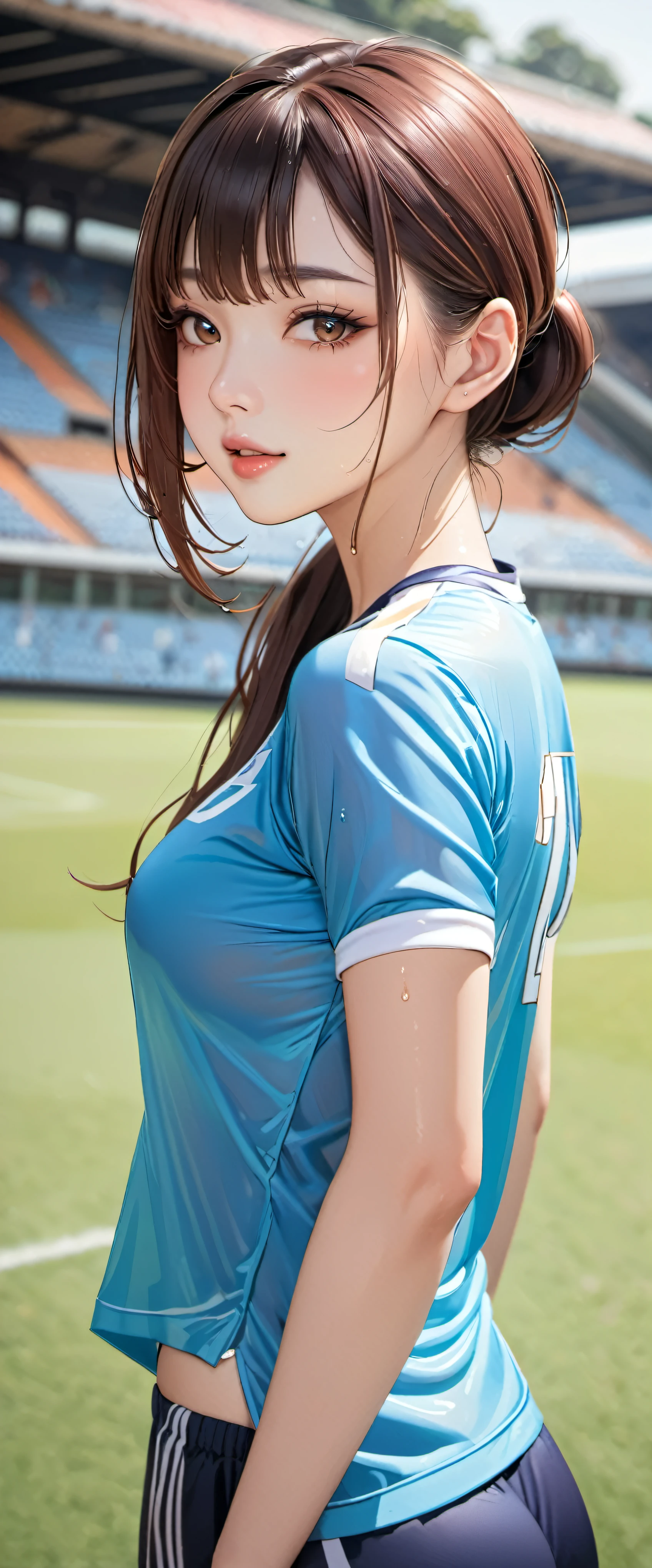(masterpiece,highest quality,超A high resolution),japanese woman, (((very beautiful 20 year old girl))), pretty girl、look at the photographer､  ((beautiful low ponytail)), super cute face, glossy lips, double eyelids in both eyes,natural smile、 natural makeup, long eyelashes, Shiny and smooth hair､center image,  perfect limbs, perfect anatomy,(((soccer uniform)))、(wet with sweat),,beautiful breasts,See-through,,turn around and look back