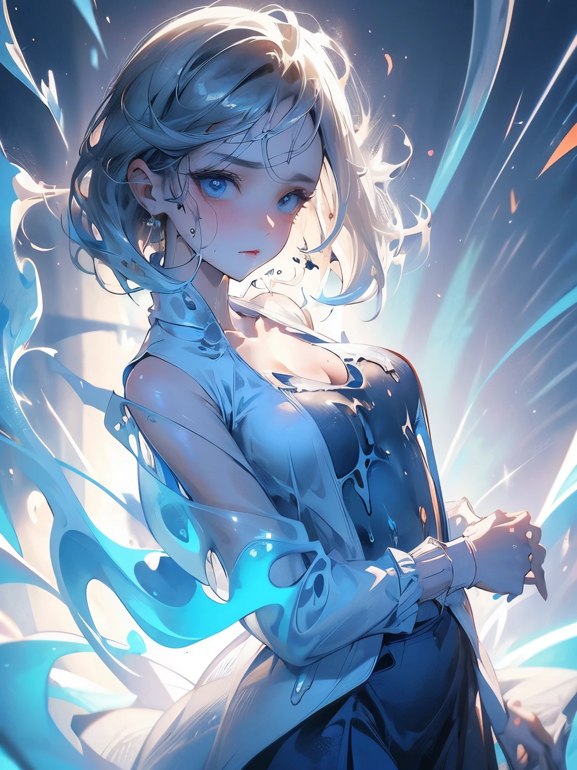 1 girl, solo, blouse, skirt, ((melting garment:1.7)), ((destroyed clothing)), liquid, covered in liquid, tentacles, tentacles clinging to body, tangled tentacles, writhing woman, bare shoulders, collarbone, cleavage, thighs, blush, intense expression, close-up, Beautiful girl (teenage girl,18-year-old), ((beautiful silver hair)), short hair (loose hair, bangs), Russian style beauty, shiny skin, standard build, medium breasts, soft facial expression, (big eyes), (light blue eyes), earrings, ((Masterpiece, highest quality, detailed, ultra-fine, detailed beautiful face, detailed beautiful eyes, detailed beautiful hair, perfect anatomy, ultra-fine skin, vivid, supremely aesthetic, perfect hands, perfect legs, animated illustrations, 8K)),