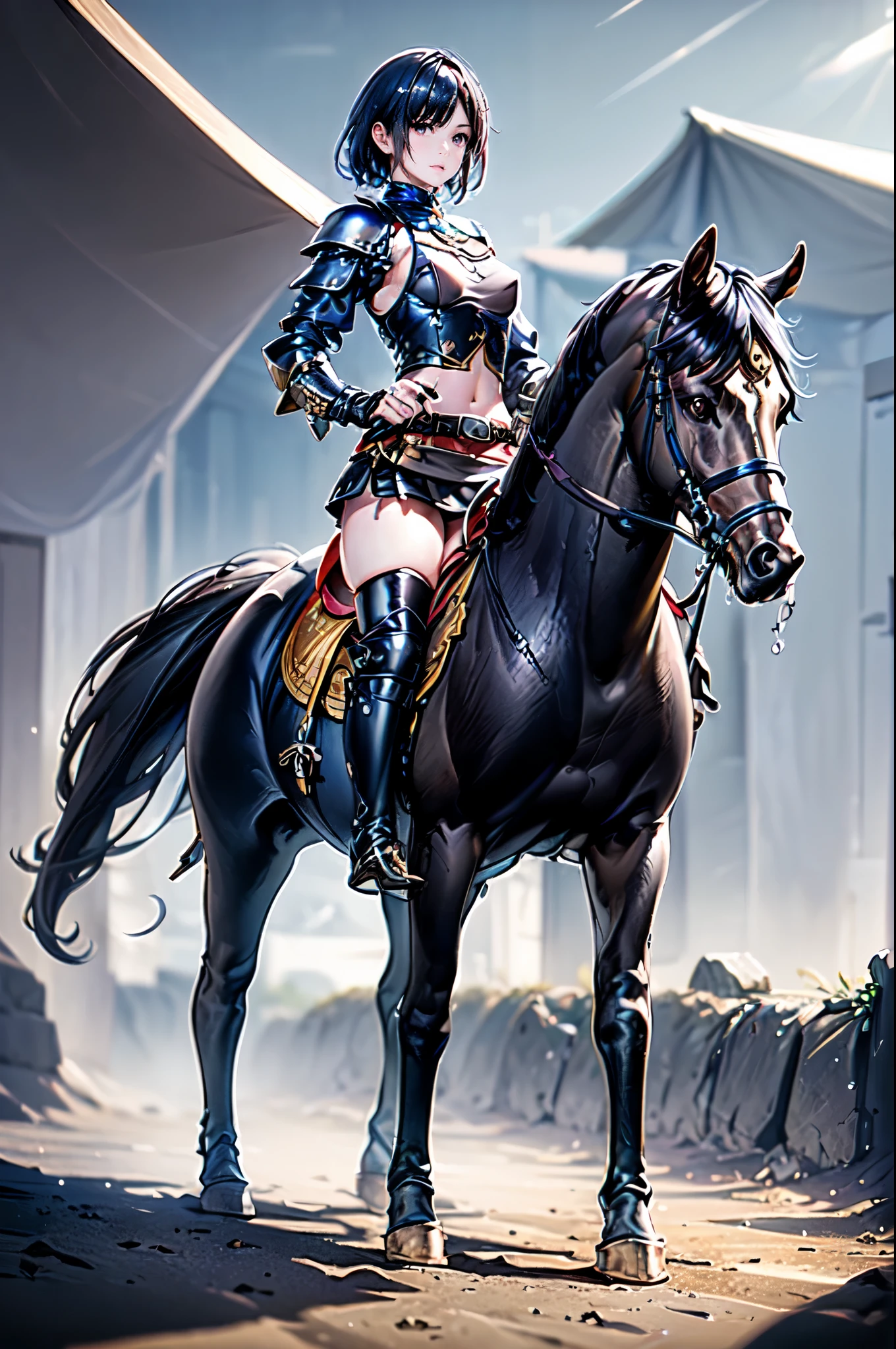 8k, realistic, vivid colors, ((best quality)), ((masterpiece)), (detailed), perfect face, pixie cut, {black hair}, BREAK, horseback riding, brown horse, (saddle, stir ups, rein), running: 1.2, 20 years old, female knight, (black armor, black gauntlet, black miniskirt, black armored boots), outdoor, ((raining)), muddy landscape, wet body, anatomically correct,