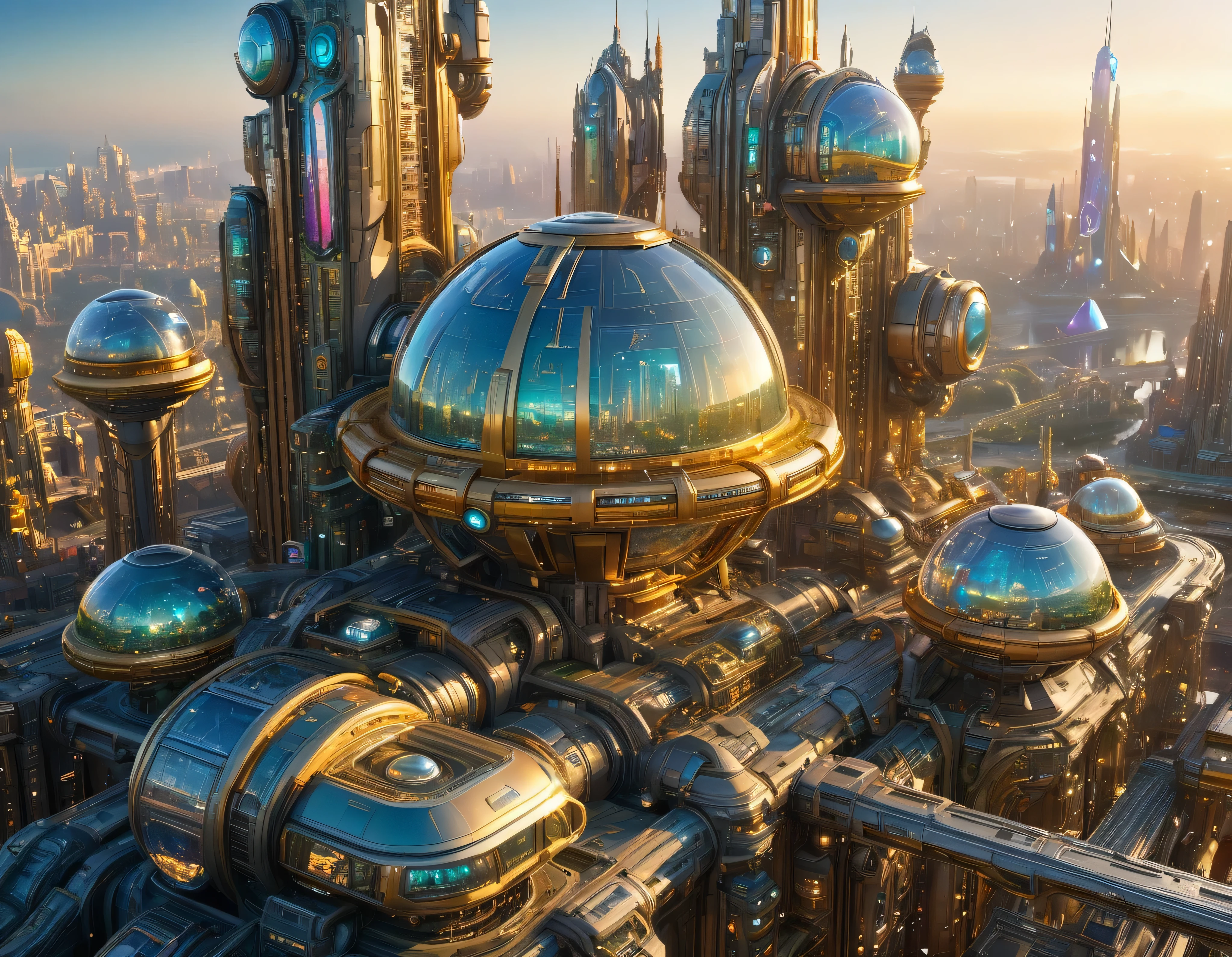 (golden hour lighting), megacity, megalopolis of an imaginary world of science fiction , parecido a una disneylandia futurista, and maximum fantasy, con inmensos edificios y rascacielos ovalados y dodecaedricos agrupados de metal y cristal donde predomina el diamante y los anuncios luminosos de colores. imagen bien definida 8k, (intrincados detalles de la maquina), con muchos edificios juntos.(obra maestra de superior calidad).(imagen fotorrealista), nitidez absoluta hasta el fondo