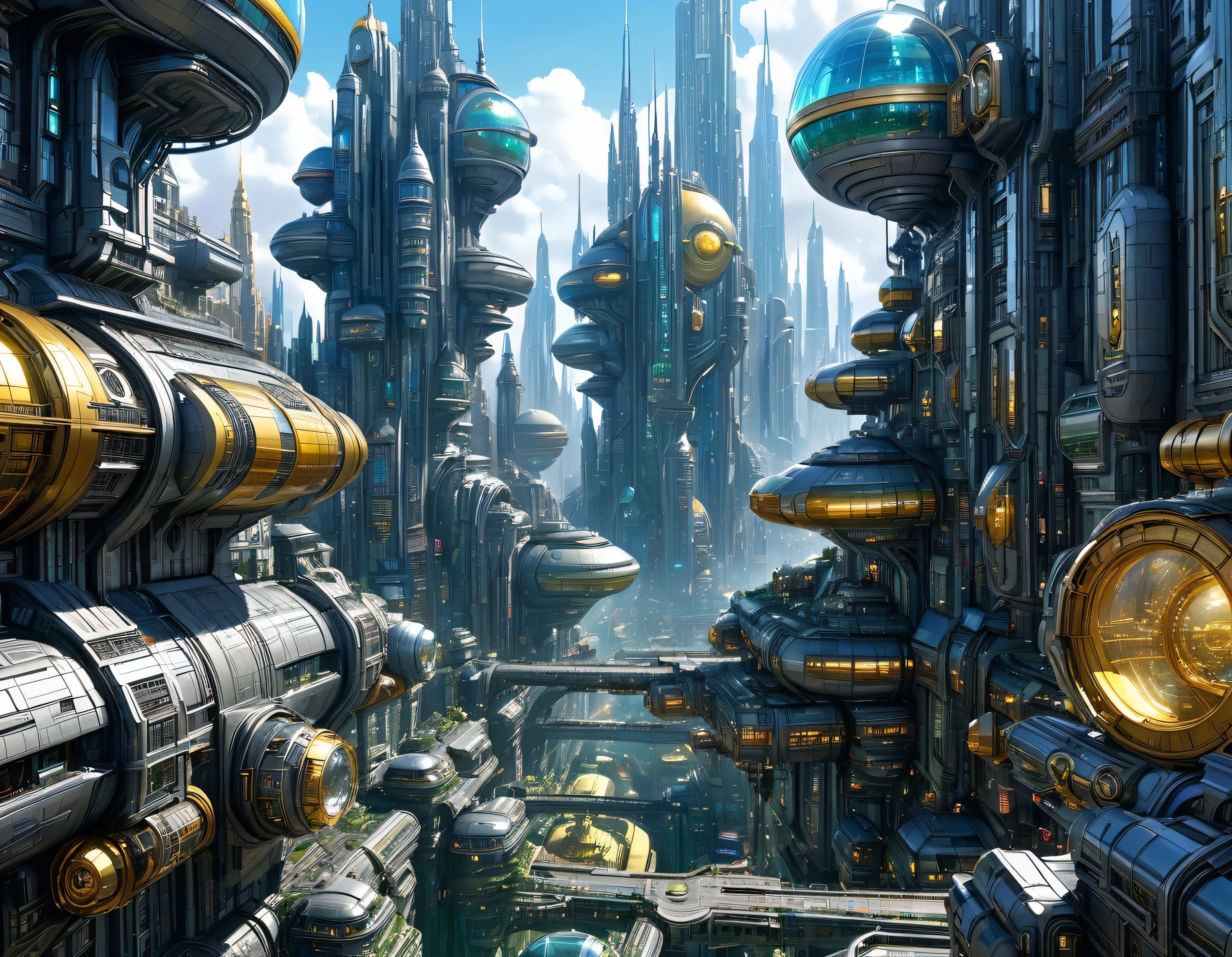 megacity, megalopolis of an imaginary world of science fiction , parecido a una disneylandia futurista, and maximum fantasy, con inmensos edificios y rascacielos ovalados y dodecaedricos agrupados de metal y cristal donde predomina el oro y los anuncios luminosos de colores. imagen bien definida 8k, (intrincados detalles de la maquina), con muchos edificios juntos.(obra maestra de superior calidad).(imagen fotorrealista), nitidez absoluta hasta el fondo