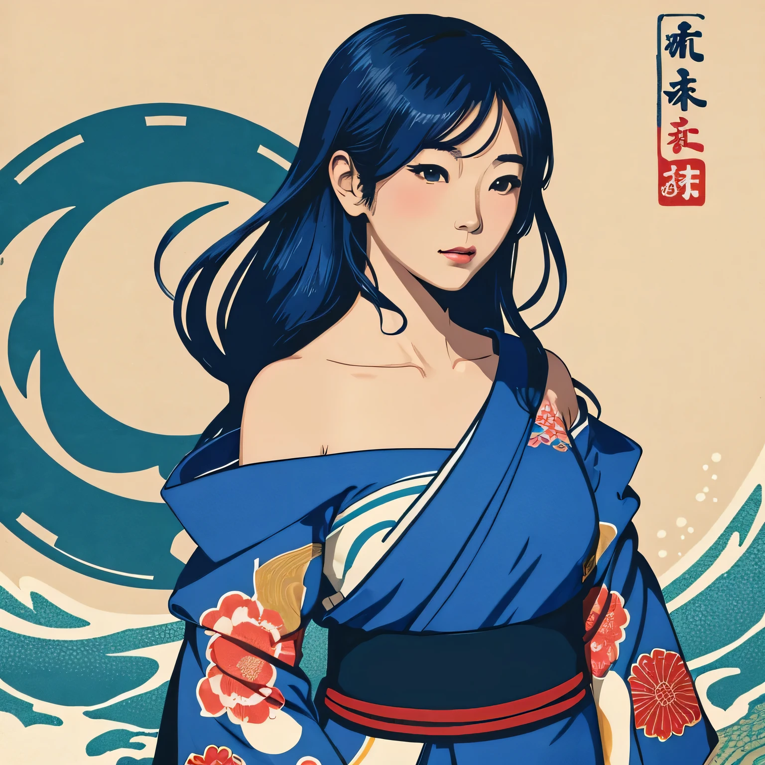 Art vintage japonais, Conception de t-shirts, art vectoriel, art plat:1,4. japonaise en kimono, bare shoulders,umi, mer,ocean