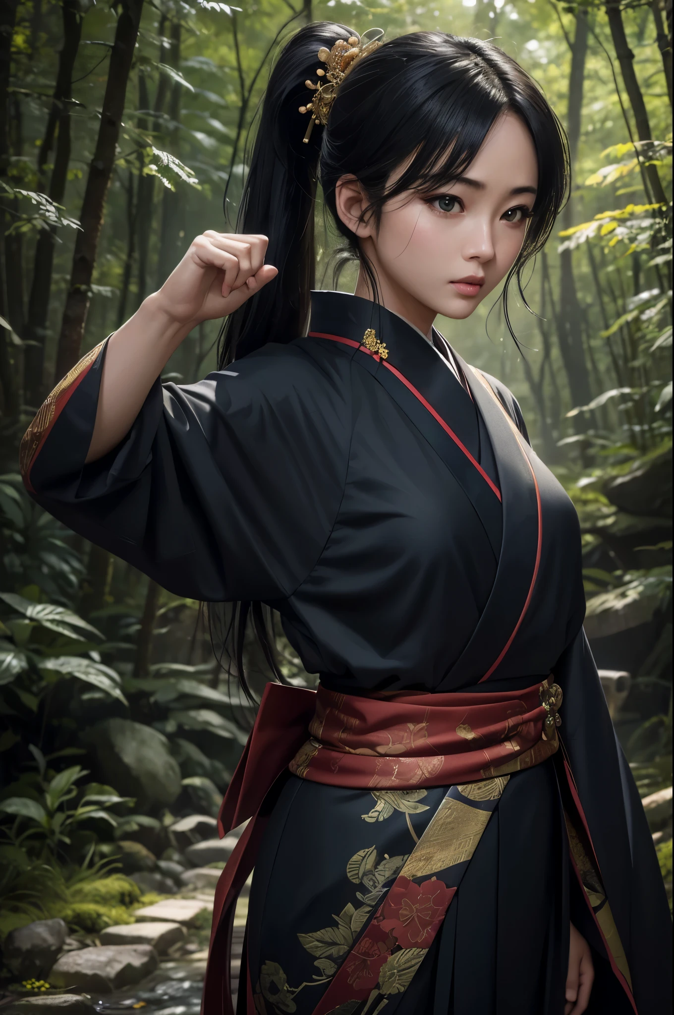 8K,ホラー的なin the forest,(masterpiece、highest quality:1.3)、日本の着物を着て日本刀を持った女子高生のaction scene,超A high resolution,18-year-old,美しい女の子のaction scene、Super beautiful(like the real thing),black hair ponytail、(1 girl)、((lips))、(nose)、((long face))、watering、stylish、sharp gaze,rugged appearance,look at the audience、soft makeup、textured、dynamic posture、wide shot、 dramatic lighting:1.1、(perfect gradation)、coldness,particles of light、(Depth of the bounds written)、(intricate details:1.2)、in the forest(highly detailed background)、,The charm of adult kimono,Oiran(flashy kimono)facing there,Sexy,glare,dark atmosphere,normal breast,in the forest,battle scene,action scene,action pose,I have some paper bills in my hand.,masterpiece,highest qualityのフォトリアリスティックなRAW写真。bright colors,rich colors, Backlight, cinematic lighting, film grain, to be born, 50MM lens, Nikon D850,super realistic skin,fantasy art,character art,ultra high resolution,realistic scale skin,Perfect hand shape,view audience,beautiful expression,Close-up,have several amulets in hand,dynamic pose,action pose,Martial Arts Posture,sharp look,narrow eyes,view audience,