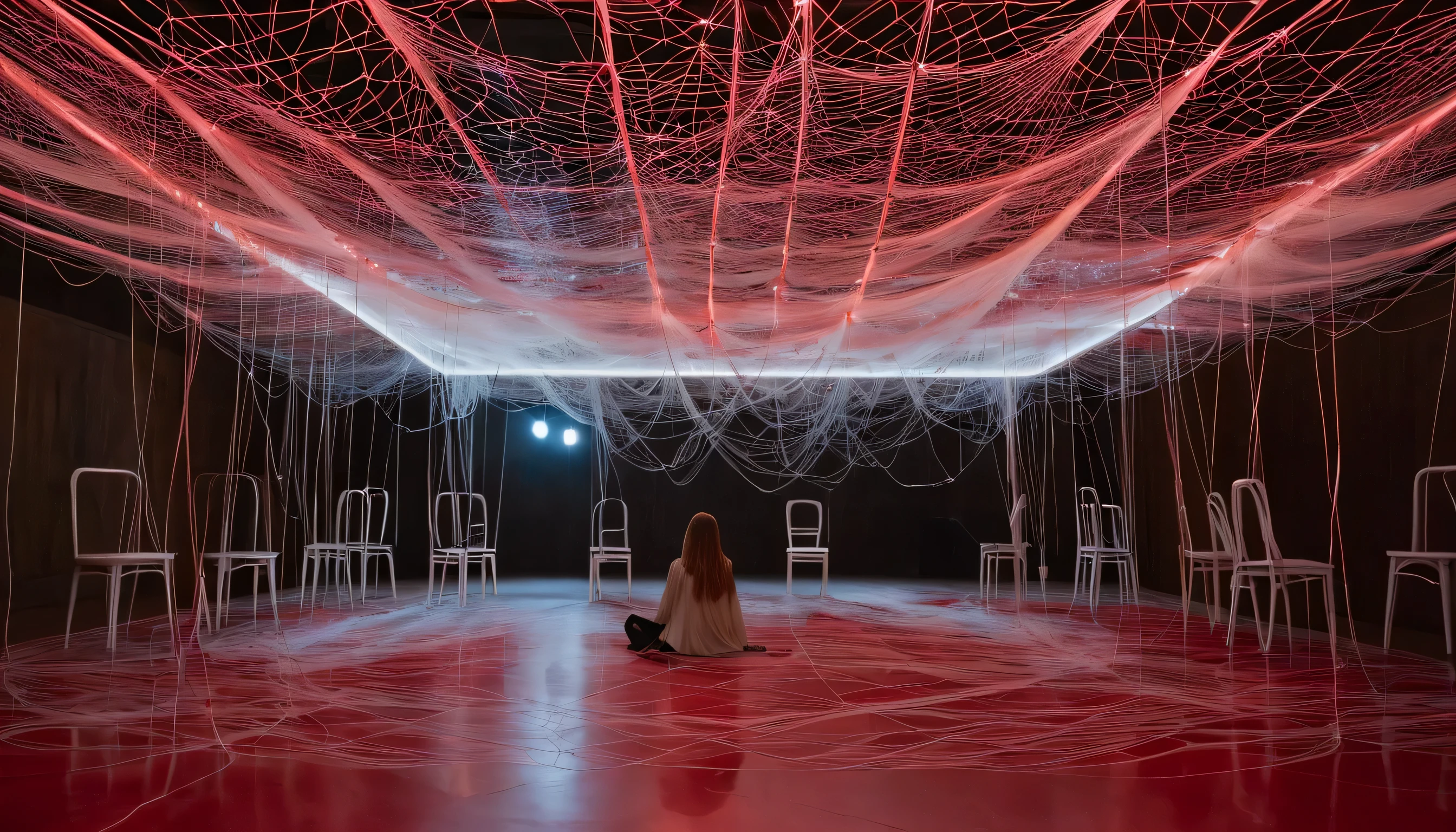 Multiple empty chairs in a room with a reflective floor surrounded by a dense network of red threads that hang from the ceiling like cobwebs, some of the threads are luminous. In only one of the chairs is a woman sitting dressed in white,