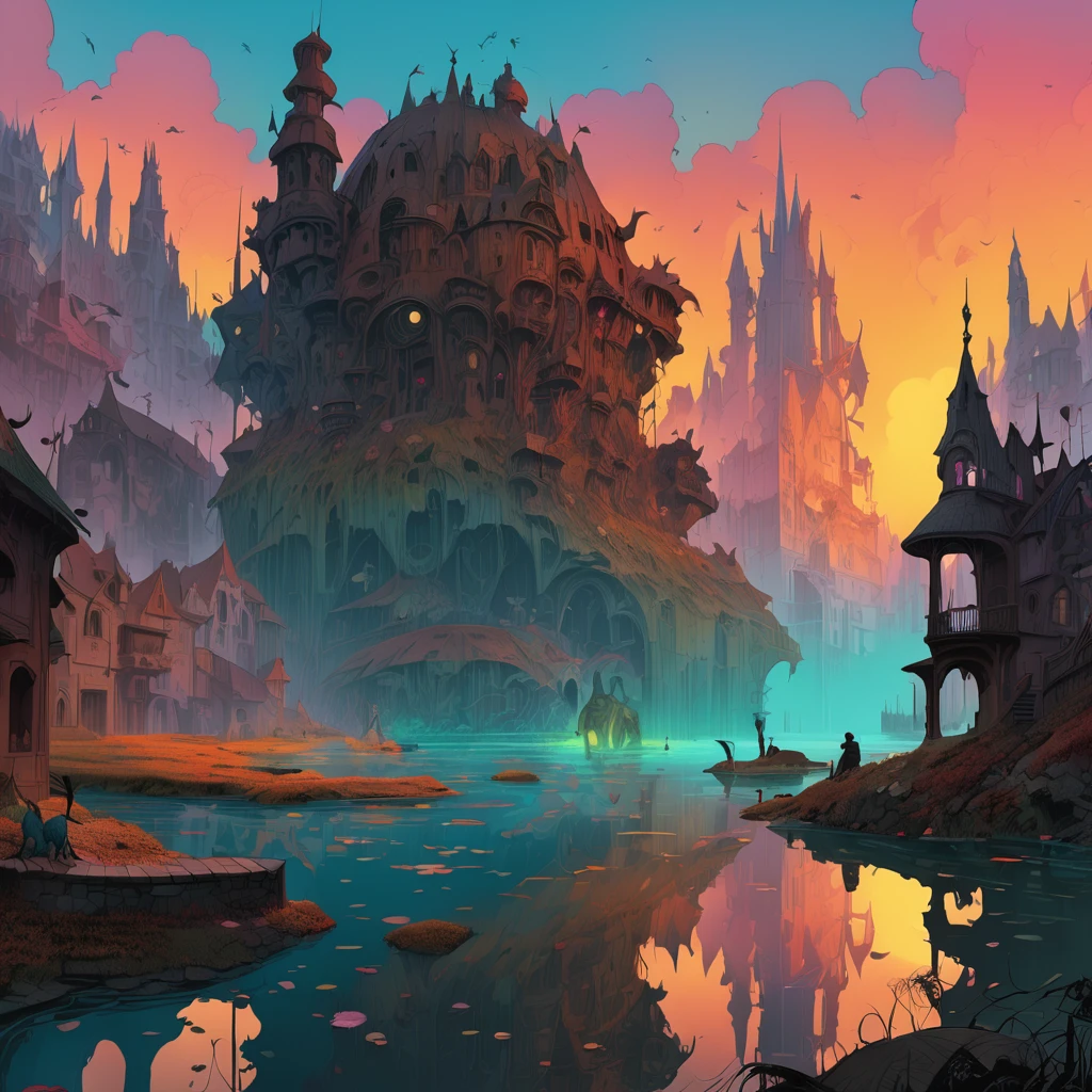 Evening Pond, aesthetic, surrealism, noir film, award-winning creature concept art by Jim Burns and Greg Rutkowski, Picasso, Beksinski, masterpiece, complimentary colors, James Gilleard, Bruegel, artstation, Alphonse Mucha, and Yoshitaka Amano