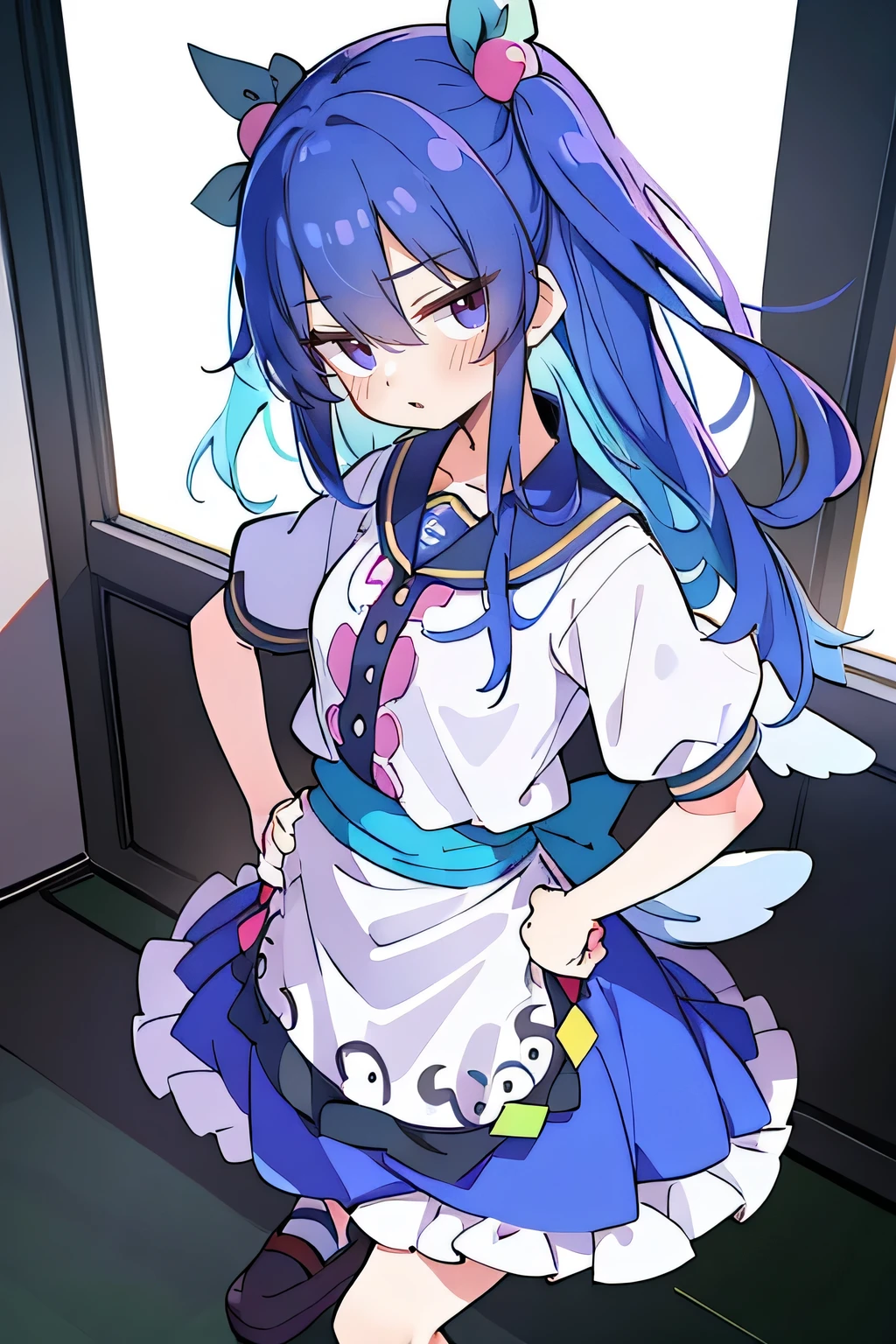 (masterpiece),best quality, expressive eyes, perfect face, 1girl,
 Put your hands on your waist,fair, Gorgeous,Japanese cartoons,girl,lola,Hina Angel, blue hair, blue haired, floating clothes,Grab your waist, Grab your waist, hands on hips , hands on hips,sit, sit on ground, Legs on the ground, flat chest